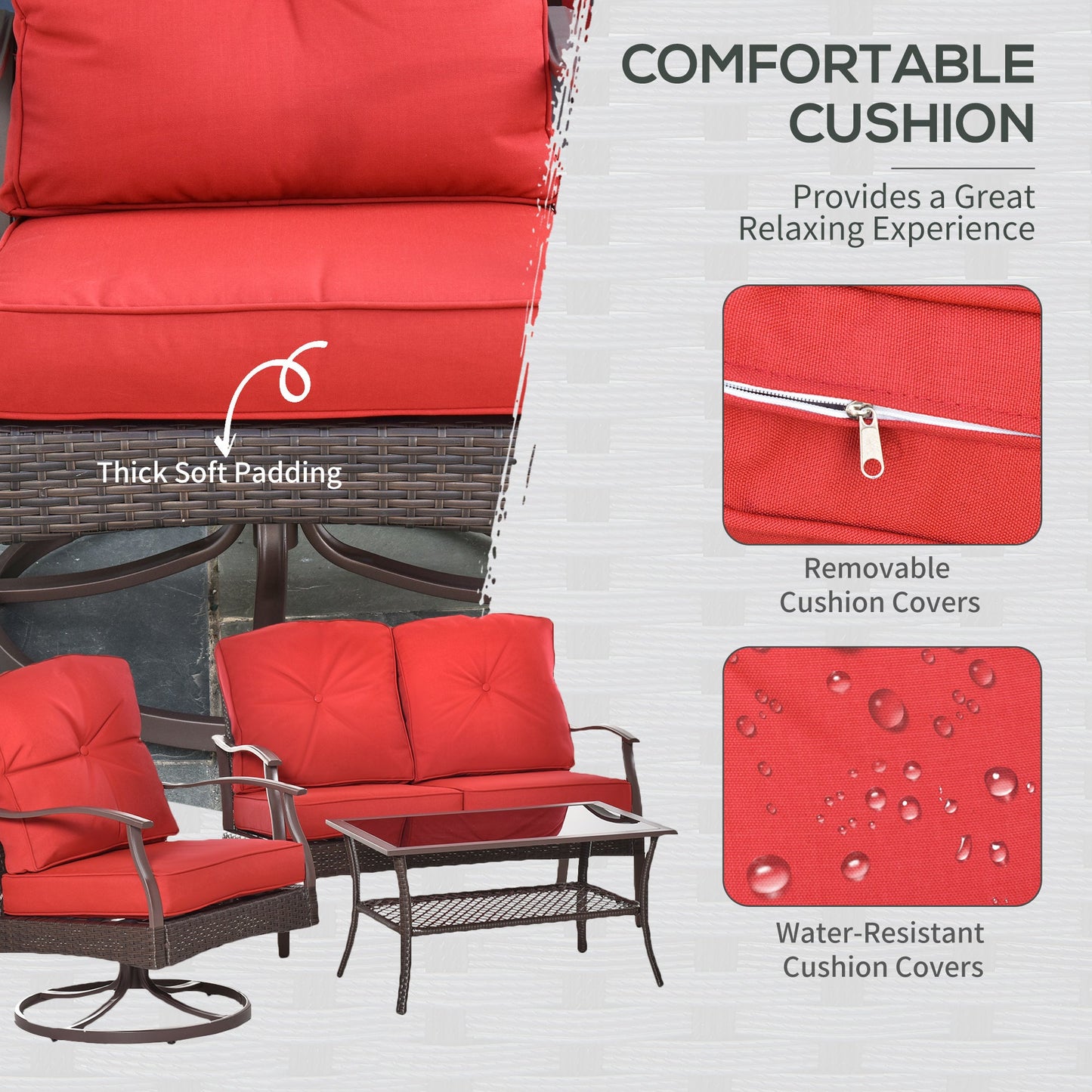 4 Piece PE Rattan Patio Furniture Set, Outdoor Wicker Sofa Set Conversation Furniture w/ Two-Tier Table, Loveseat, 2 Swivel Rocking Chairs and Cushions, Red