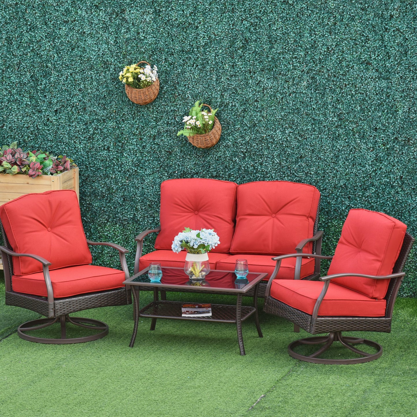 4 Piece PE Rattan Patio Furniture Set, Outdoor Wicker Sofa Set Conversation Furniture w/ Two-Tier Table, Loveseat, 2 Swivel Rocking Chairs and Cushions, Red