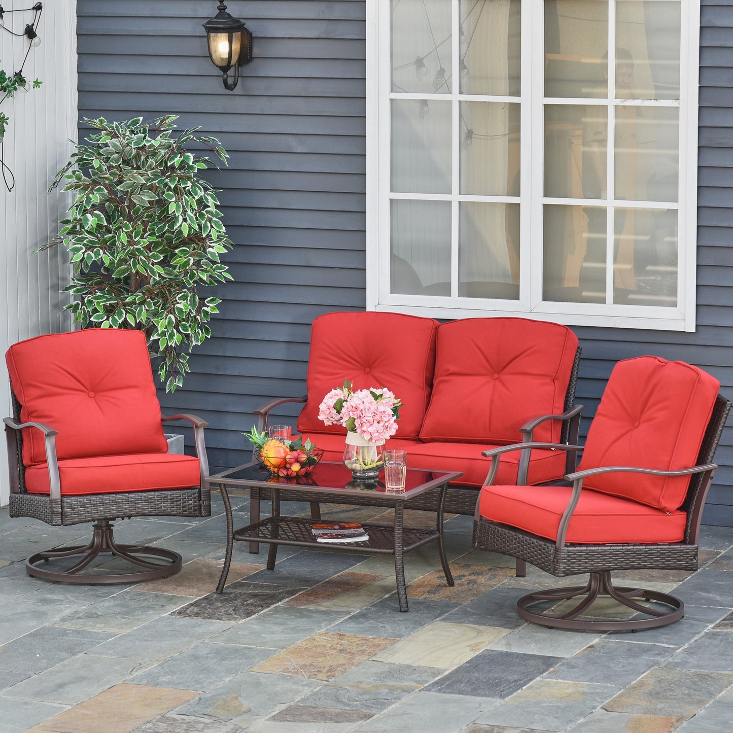 4 Piece PE Rattan Patio Furniture Set, Outdoor Wicker Sofa Set Conversation Furniture w/ Two-Tier Table, Loveseat, 2 Swivel Rocking Chairs and Cushions, Red
