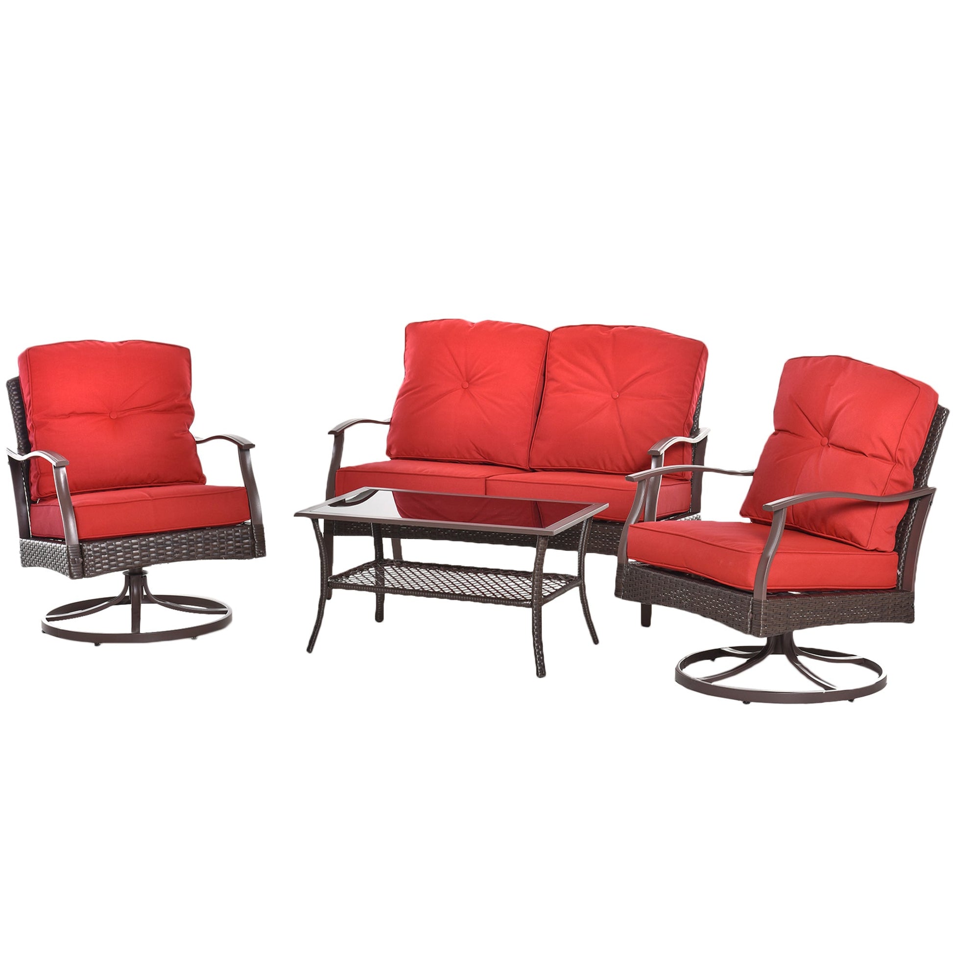 4 Piece PE Rattan Patio Furniture Set, Outdoor Wicker Sofa Set Conversation Furniture w/ Two-Tier Table, Loveseat, 2 Swivel Rocking Chairs and Cushions, Red