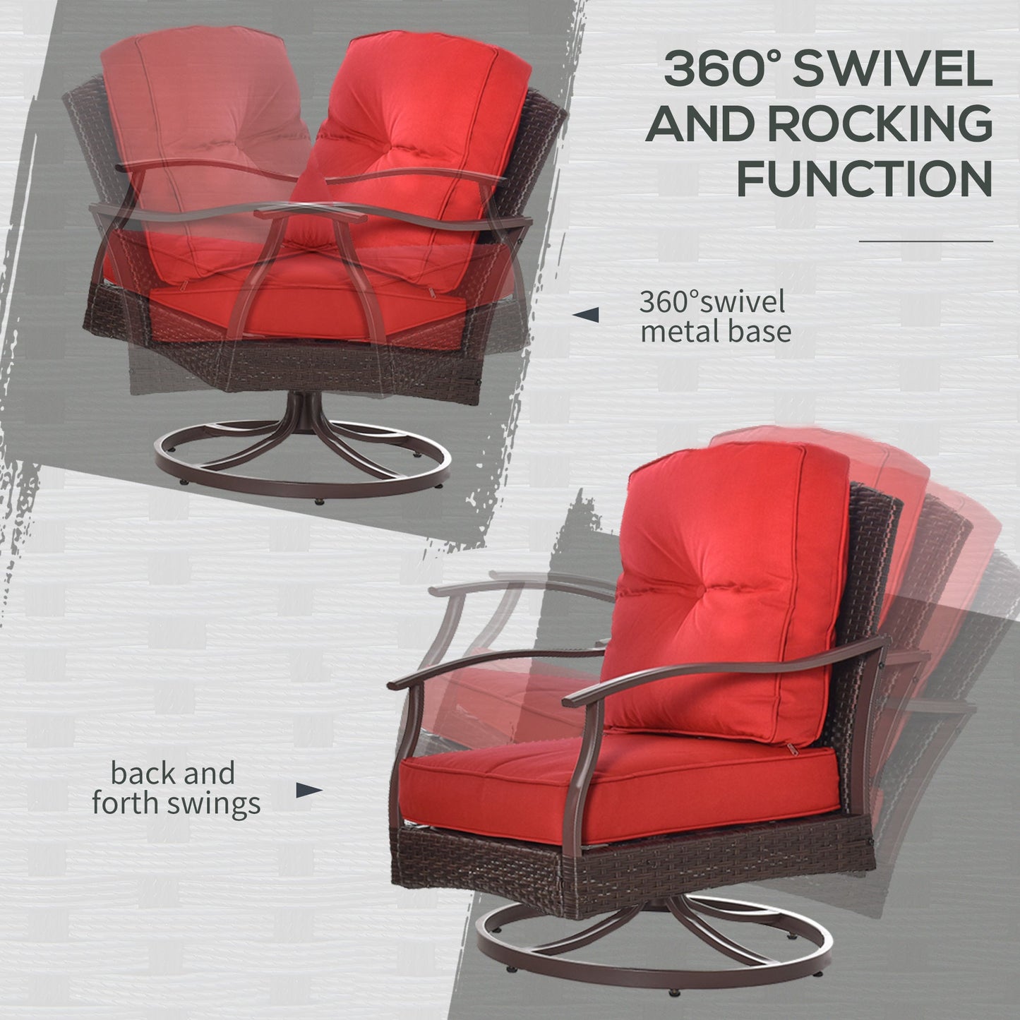 4 Piece PE Rattan Patio Furniture Set, Outdoor Wicker Sofa Set Conversation Furniture w/ Two-Tier Table, Loveseat, 2 Swivel Rocking Chairs and Cushions, Red