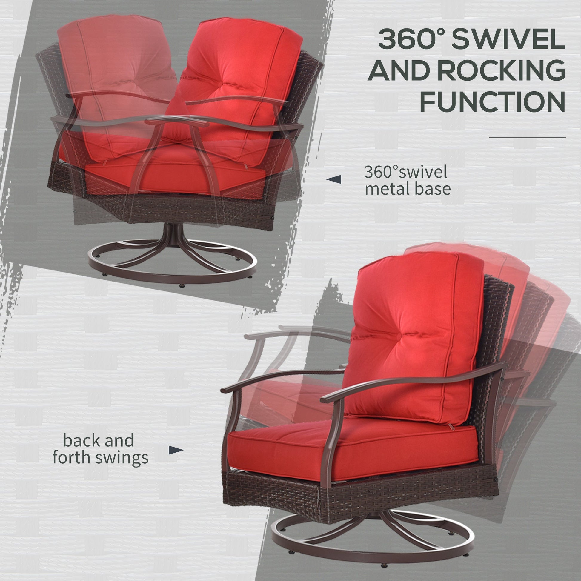 4 Piece PE Rattan Patio Furniture Set, Outdoor Wicker Sofa Set Conversation Furniture w/ Two-Tier Table, Loveseat, 2 Swivel Rocking Chairs and Cushions, Red