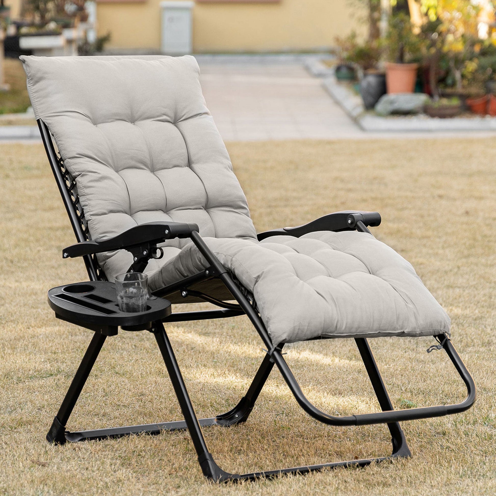 Padded Zero Gravity Chair, Folding Recliner Chair, Patio Lounger with Cup Holder, Headrest, Adjustable Backrest, Removable Cushion for Outdoor, Patio, Deck, Grey