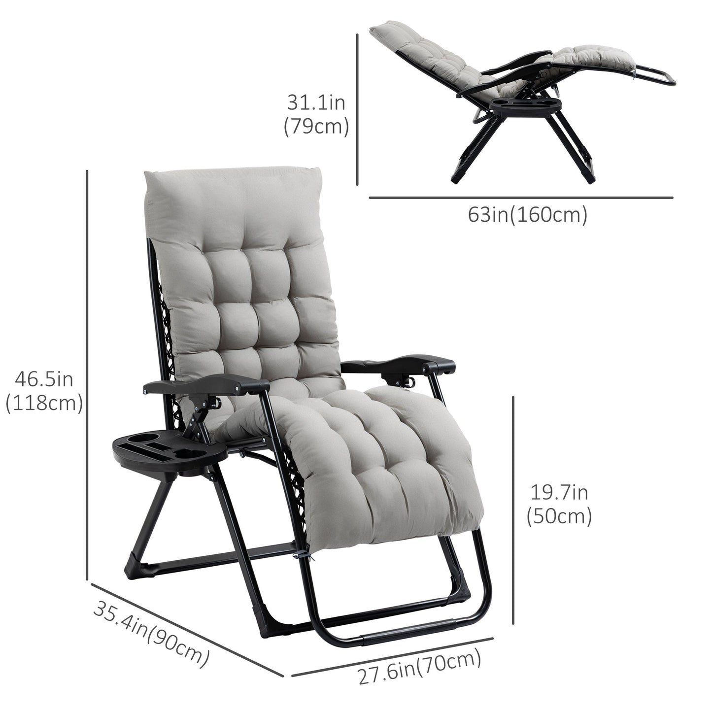 Padded Zero Gravity Chair, Folding Recliner Chair, Patio Lounger with Cup Holder, Headrest, Adjustable Backrest, Removable Cushion for Outdoor, Patio, Deck, Grey