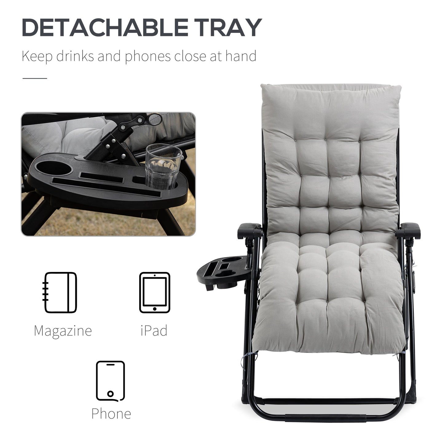 Padded Zero Gravity Chair, Folding Recliner Chair, Patio Lounger with Cup Holder, Headrest, Adjustable Backrest, Removable Cushion for Outdoor, Patio, Deck, Grey