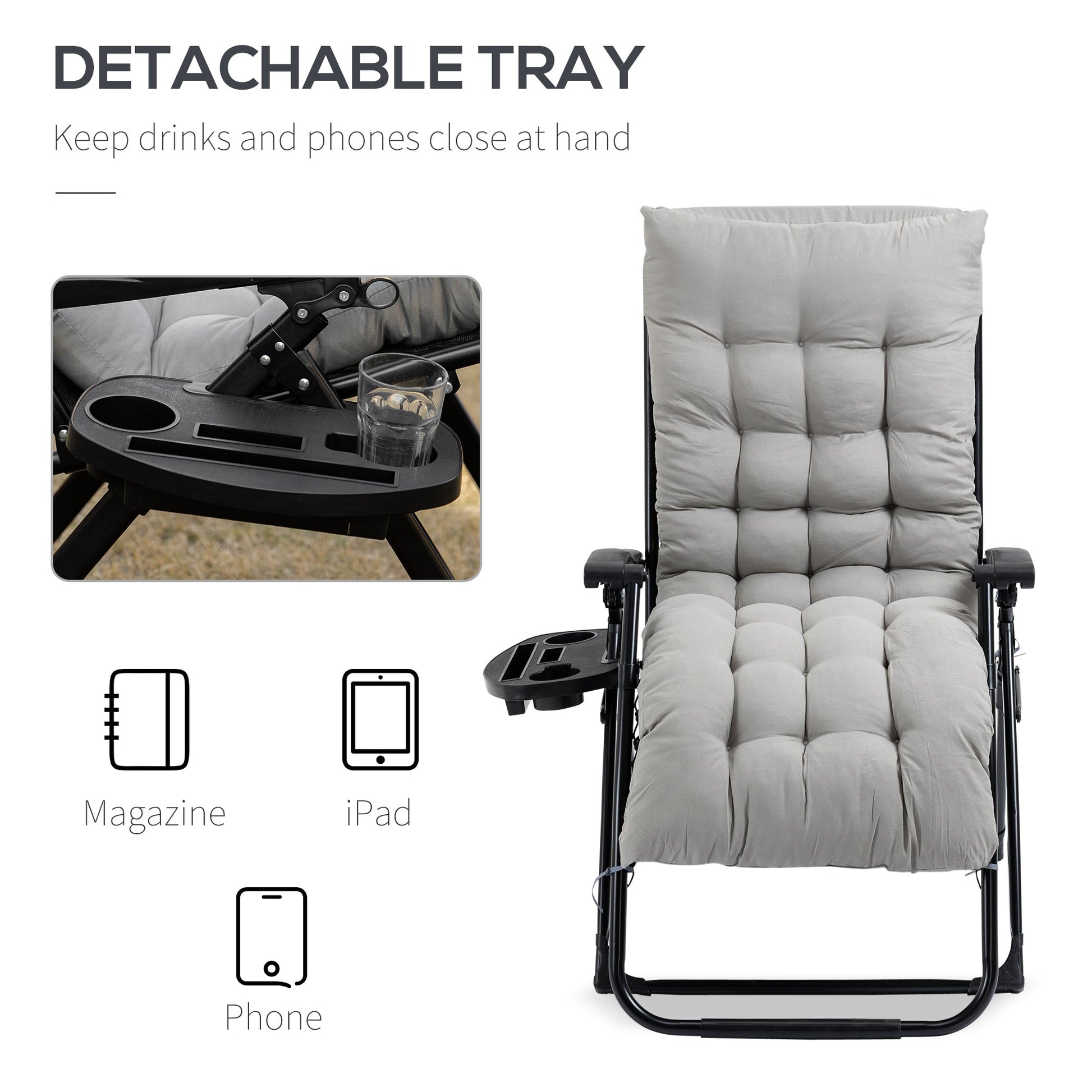 Padded Zero Gravity Chair, Folding Recliner Chair, Patio Lounger with Cup Holder, Headrest, Adjustable Backrest, Removable Cushion for Outdoor, Patio, Deck, Grey