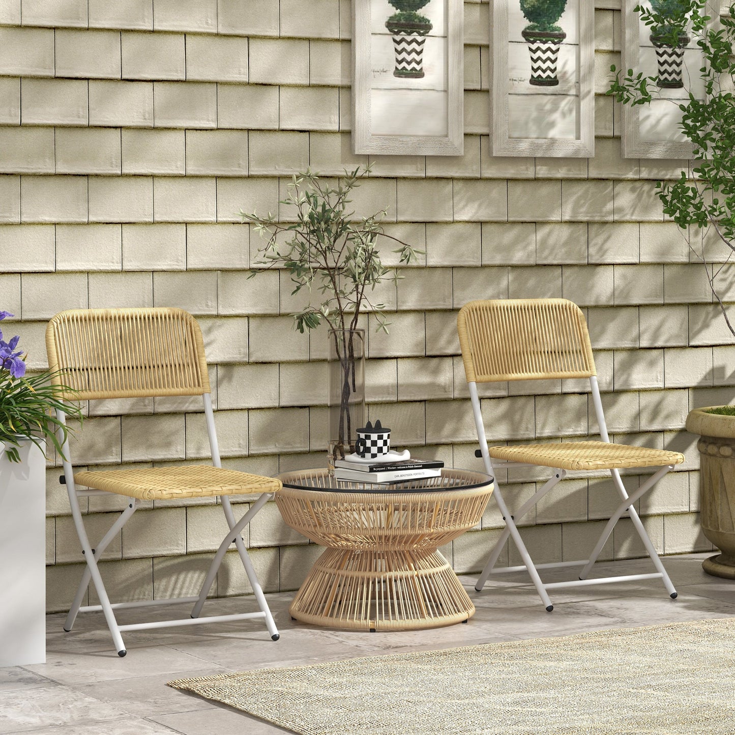 Rattan Outdoor Coffee Table, Patio End Table with Tempered Glass Tabletop & Steel Frame, Round Side Table Wicker Furniture for Backyard Lawn Balcony, Nature Wood