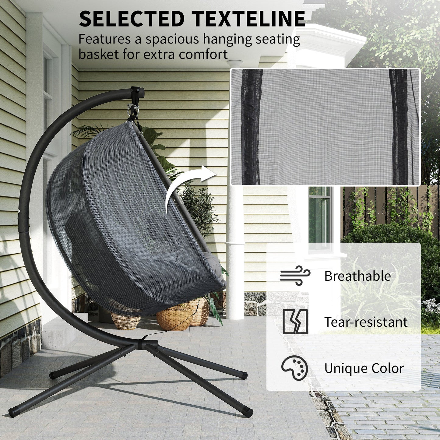 Double Egg Chair with Stand, 2 Person Hanging Swing Egg Chair Outdoor Indoor, 528 LBS Capacity Loveseat Hammock Swing with Cushion, Pockets, Grey