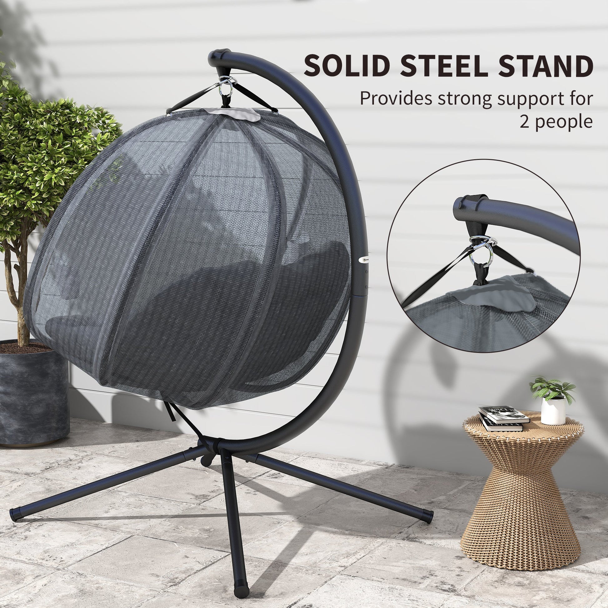 Double Egg Chair with Stand, 2 Person Hanging Swing Egg Chair Outdoor Indoor, 528 LBS Capacity Loveseat Hammock Swing with Cushion, Pockets, Grey