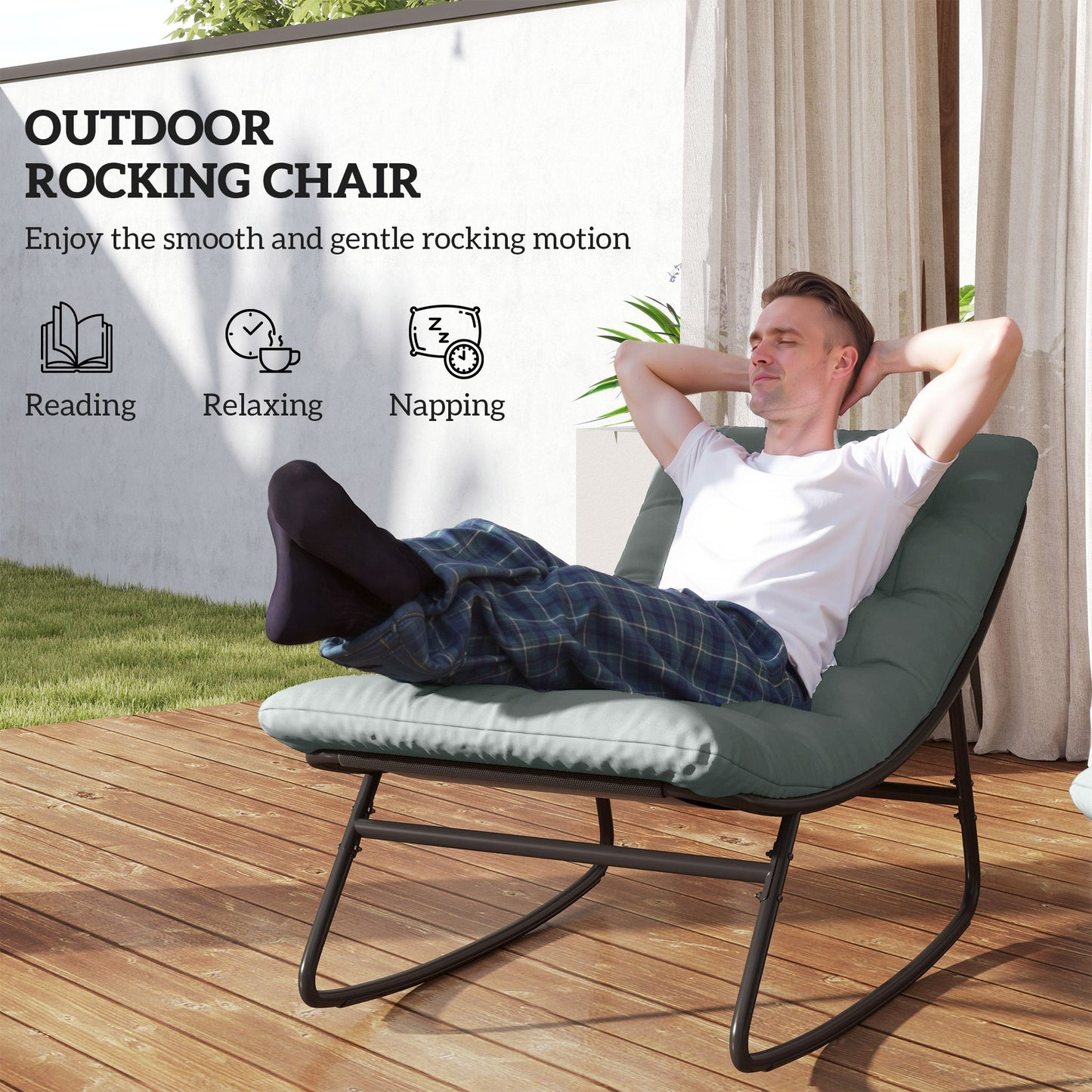 Outdoor Rocking Chair with Cushion, Patio Rocking Chair with Mesh Deep Seat, Steel Frame Rocking Outdoor Patio Chair for Indoor, Porch, Garden, Dark Grey