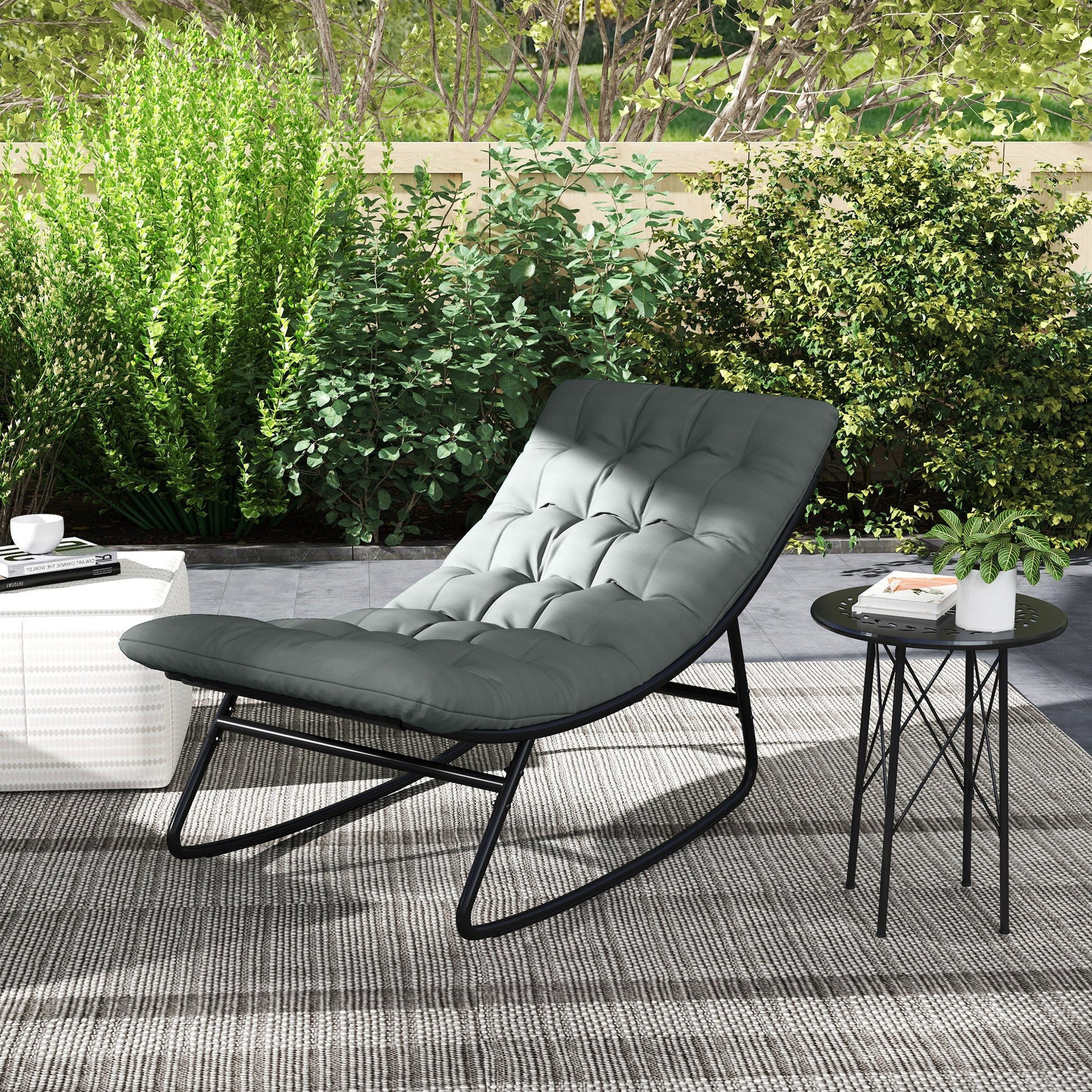 Outdoor Rocking Chair with Cushion, Patio Rocking Chair with Mesh Deep Seat, Steel Frame Rocking Outdoor Patio Chair for Indoor, Porch, Garden, Dark Grey