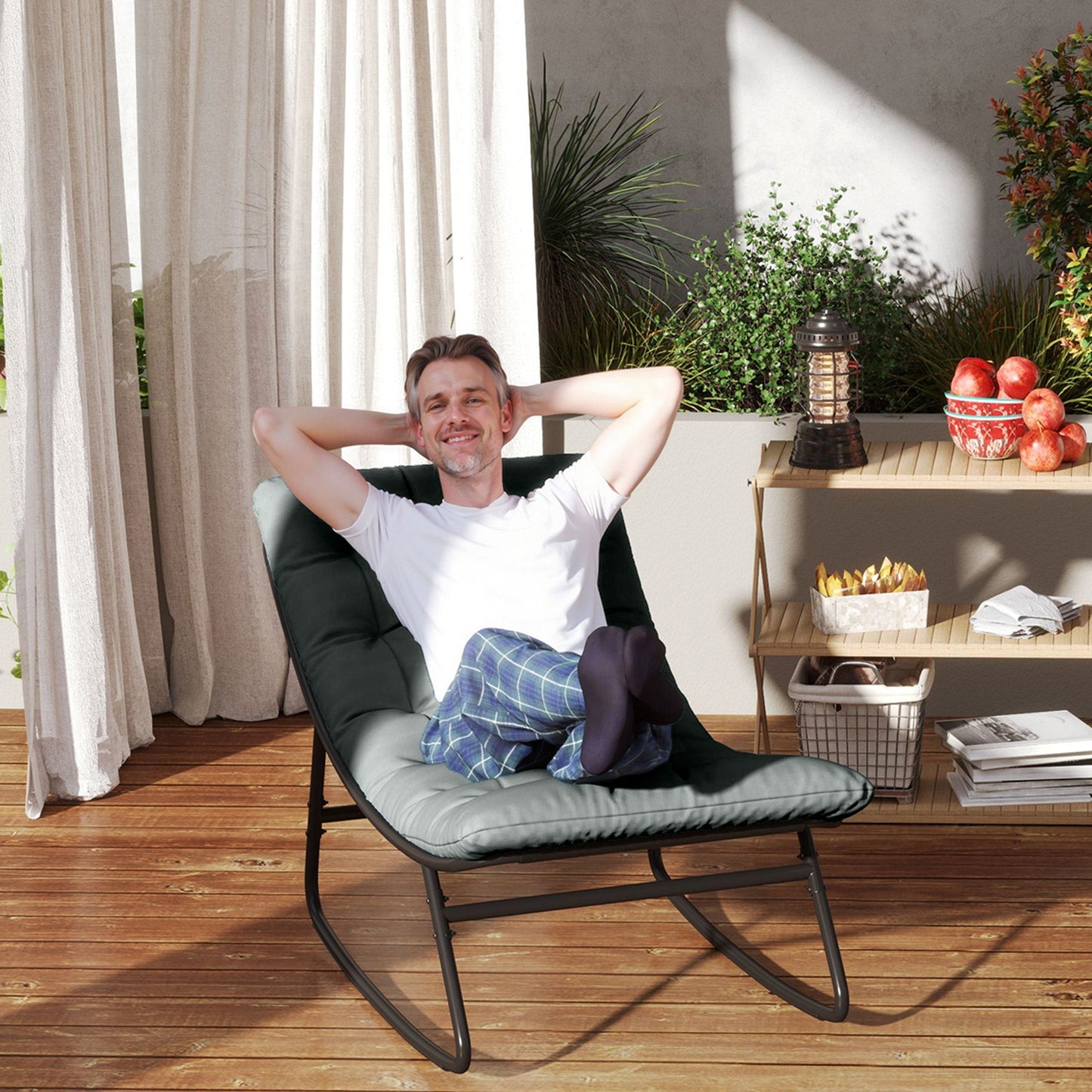 Outdoor Rocking Chair with Cushion, Patio Rocking Chair with Mesh Deep Seat, Steel Frame Rocking Outdoor Patio Chair for Indoor, Porch, Garden, Dark Grey