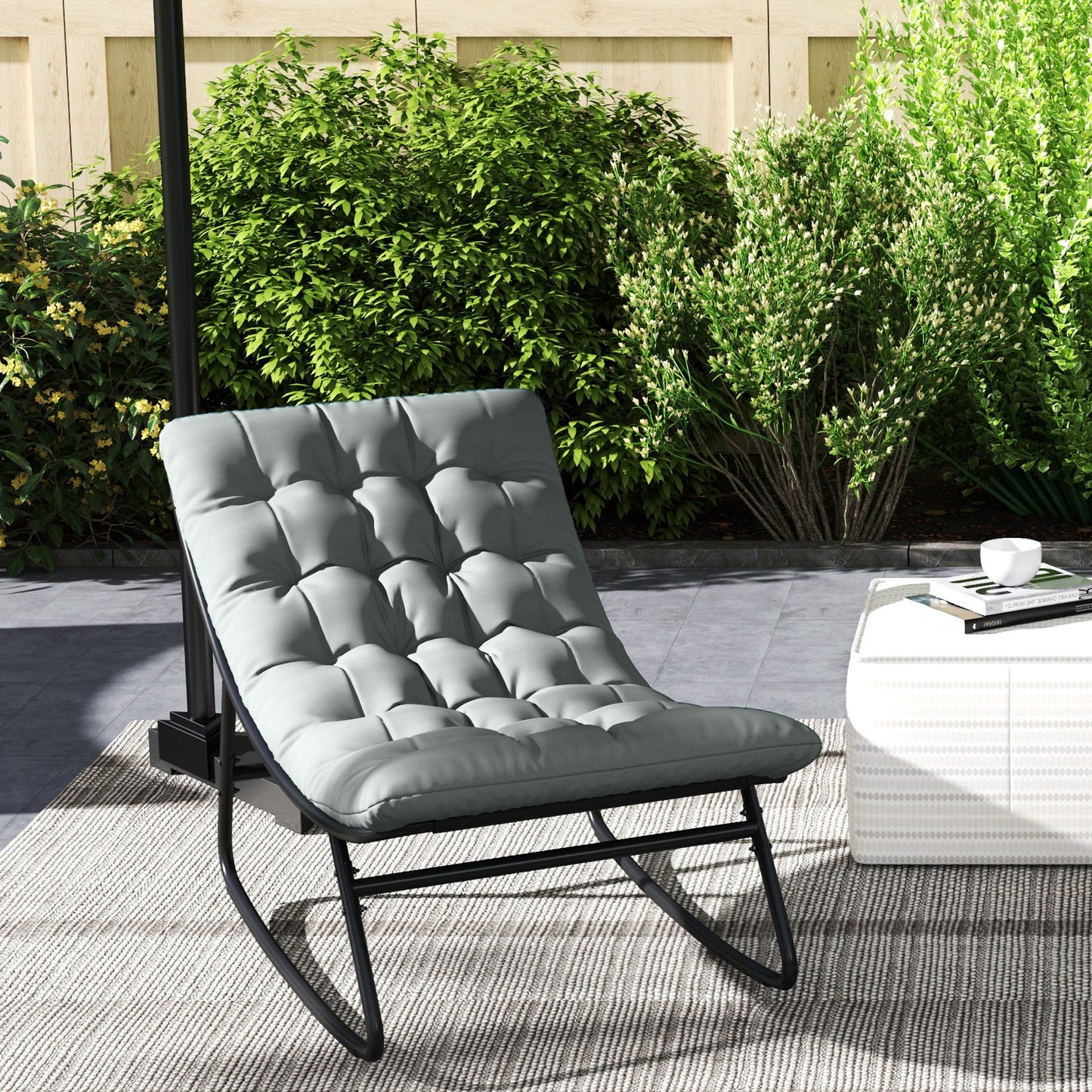 Outdoor Rocking Chair with Cushion, Patio Rocking Chair with Mesh Deep Seat, Steel Frame Rocking Outdoor Patio Chair for Indoor, Porch, Garden, Dark Grey