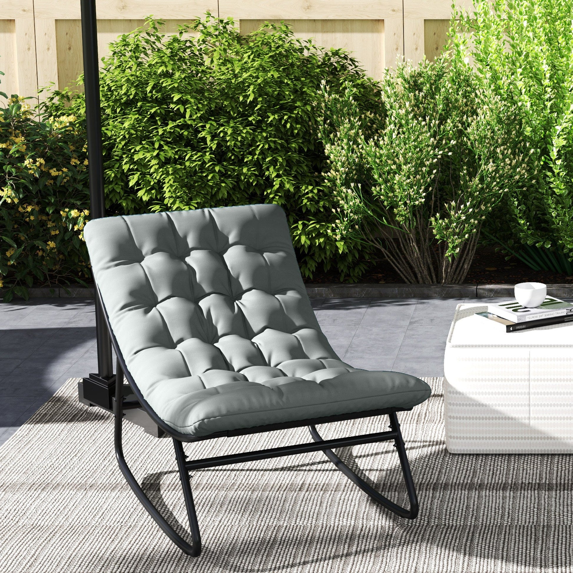 Outdoor Rocking Chair with Cushion, Patio Rocking Chair with Mesh Deep Seat, Steel Frame Rocking Outdoor Patio Chair for Indoor, Porch, Garden, Dark Grey