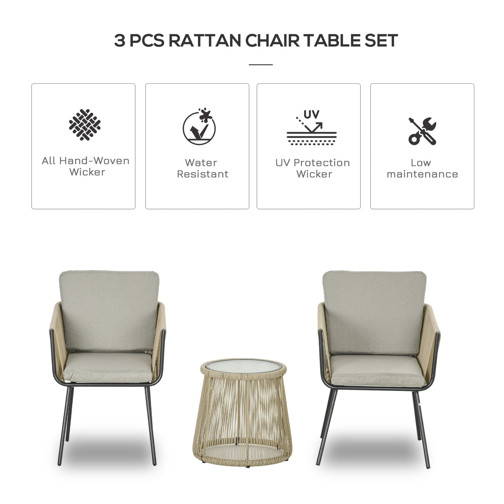 3 Pieces Wicker Patio Furniture Set, Rattan Bistro Set with Coffee Table and Cushions, Outdoor Conversation Set for Garden, Porch, Balcony, Coffee and Light Grey