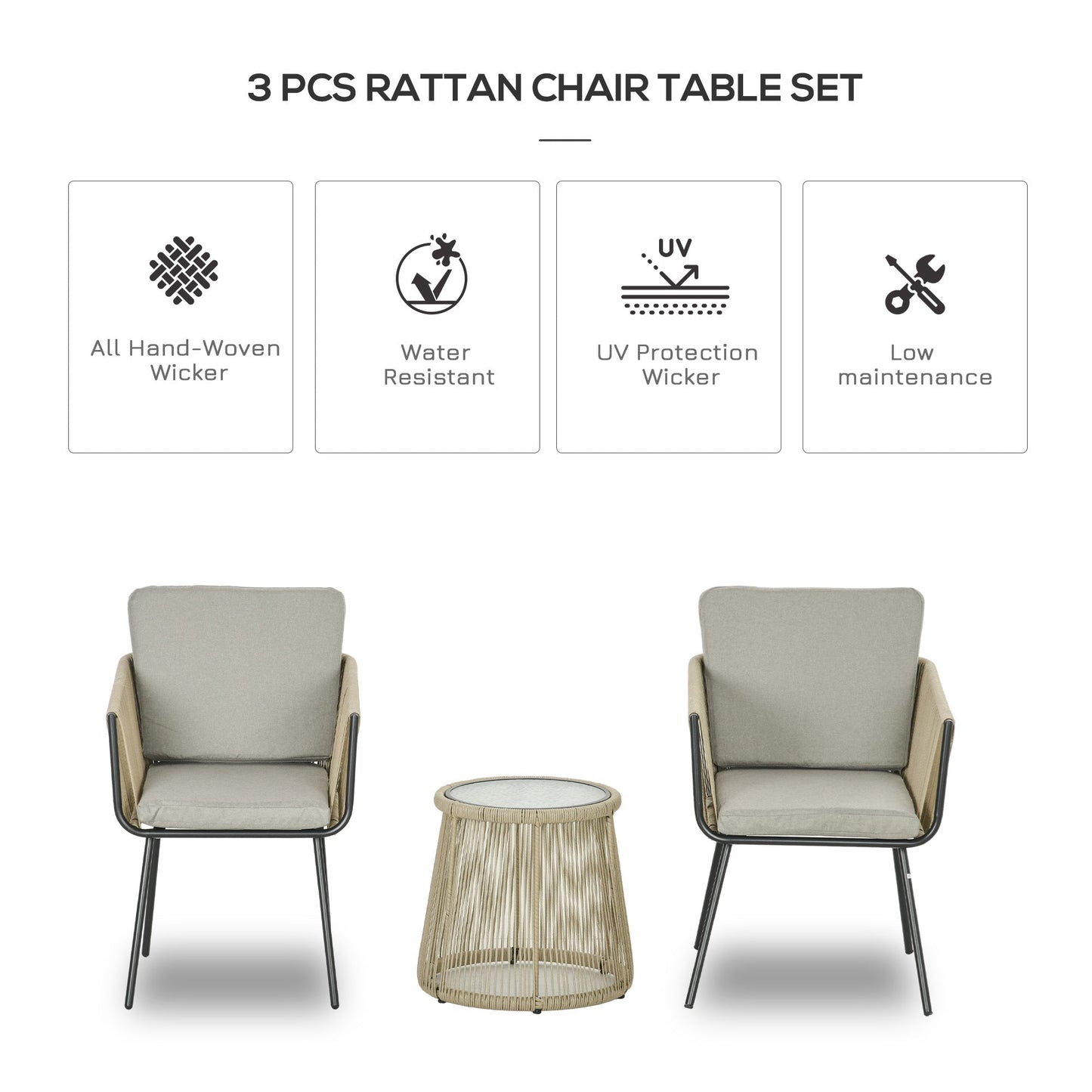 3 Pieces Wicker Patio Furniture Set, Rattan Bistro Set with Coffee Table and Cushions, Outdoor Conversation Set for Garden, Porch, Balcony, Coffee and Light Grey
