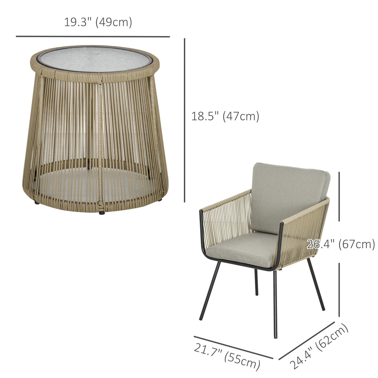 3 Pieces Wicker Patio Furniture Set, Rattan Bistro Set with Coffee Table and Cushions, Outdoor Conversation Set for Garden, Porch, Balcony, Coffee and Light Grey