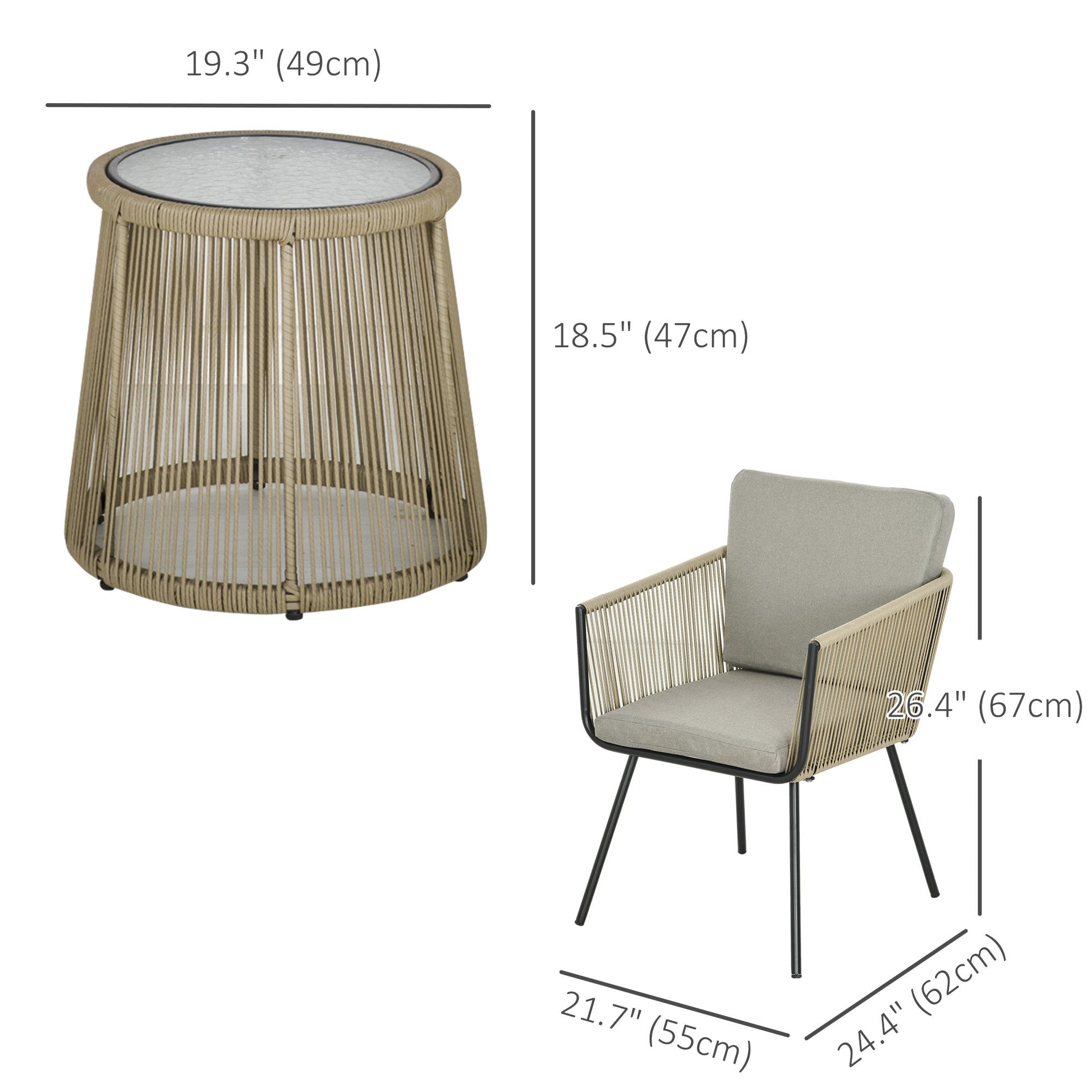 3 Pieces Wicker Patio Furniture Set, Rattan Bistro Set with Coffee Table and Cushions, Outdoor Conversation Set for Garden, Porch, Balcony, Coffee and Light Grey