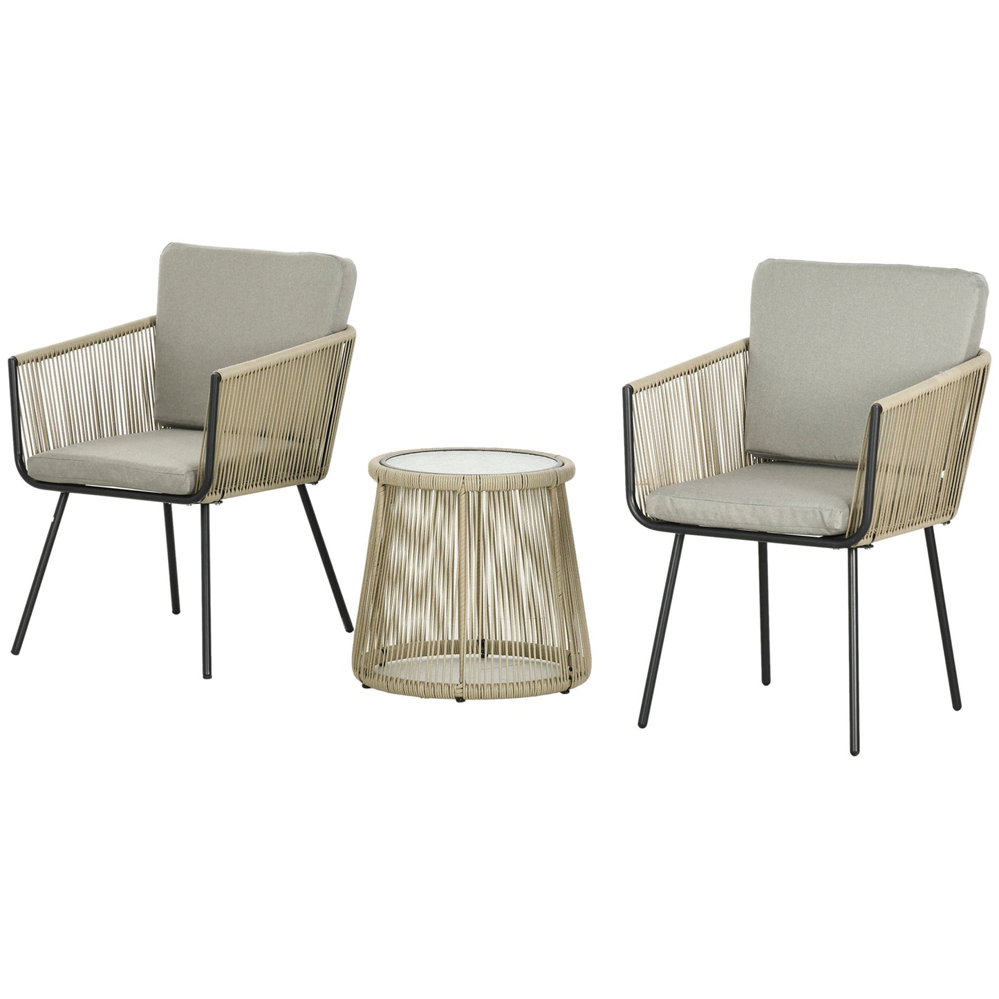 3 Pieces Wicker Patio Furniture Set, Rattan Bistro Set with Coffee Table and Cushions, Outdoor Conversation Set for Garden, Porch, Balcony, Coffee and Light Grey