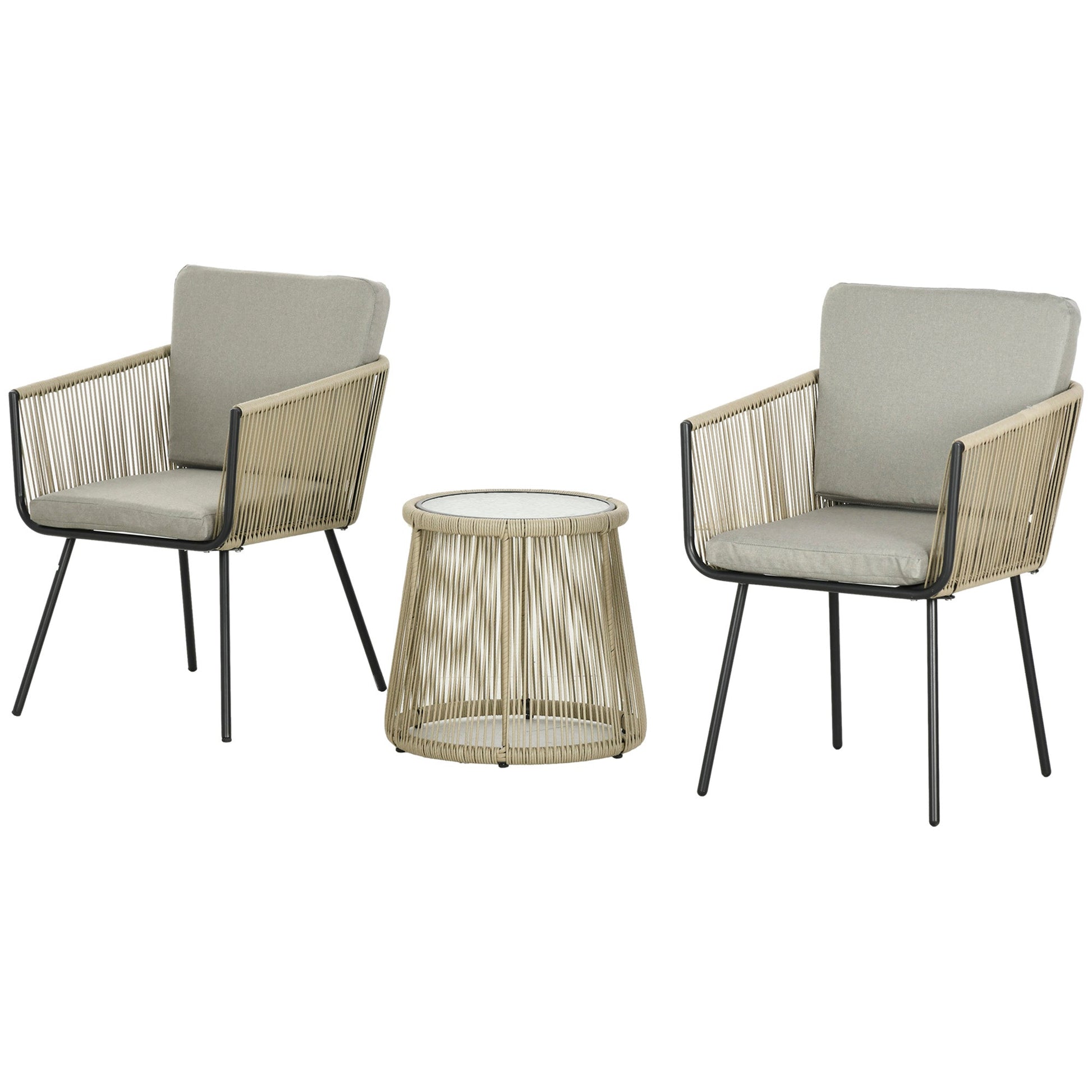 3 Pieces Wicker Patio Furniture Set, Rattan Bistro Set with Coffee Table and Cushions, Outdoor Conversation Set for Garden, Porch, Balcony, Coffee and Light Grey