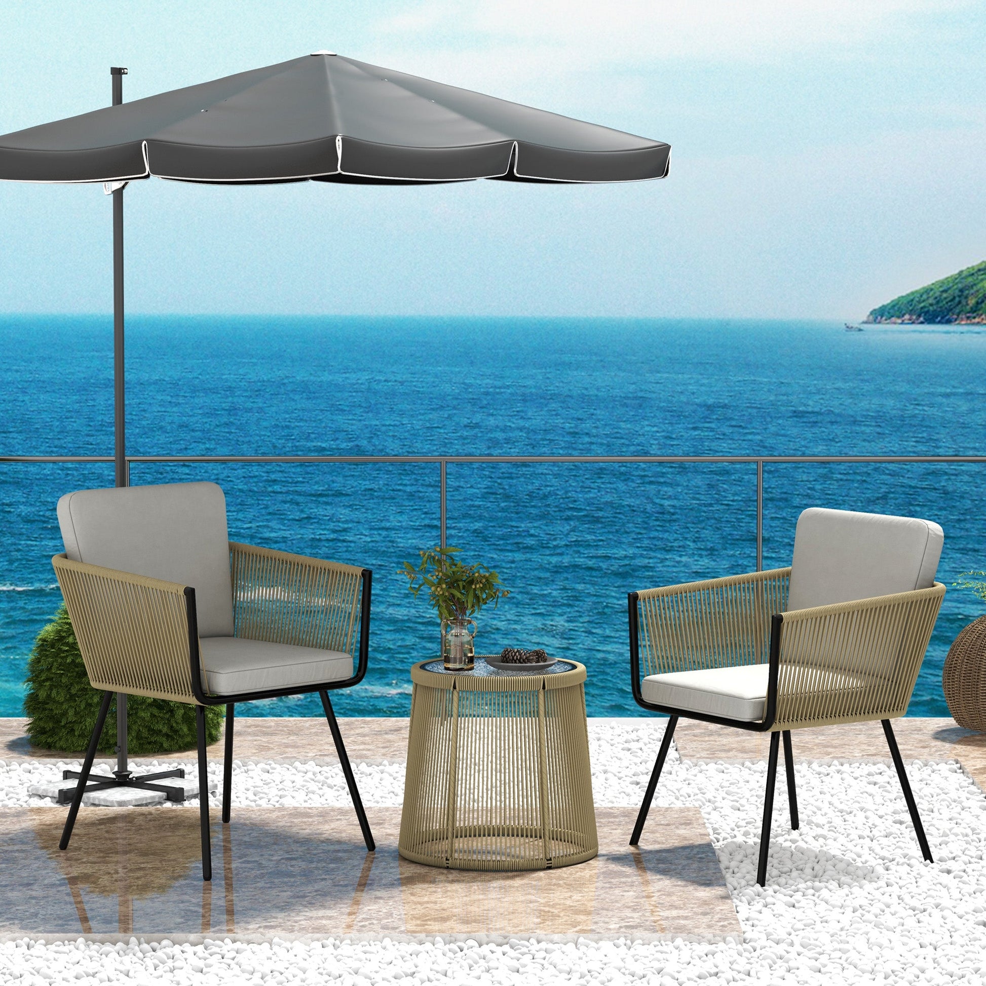 3 Pieces Wicker Patio Furniture Set, Rattan Bistro Set with Coffee Table and Cushions, Outdoor Conversation Set for Garden, Porch, Balcony, Coffee and Light Grey