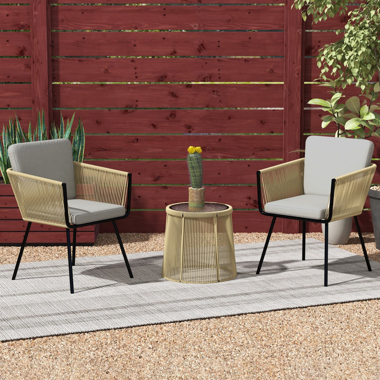 3 Pieces Wicker Patio Furniture Set, Rattan Bistro Set with Coffee Table and Cushions, Outdoor Conversation Set for Garden, Porch, Balcony, Coffee and Light Grey