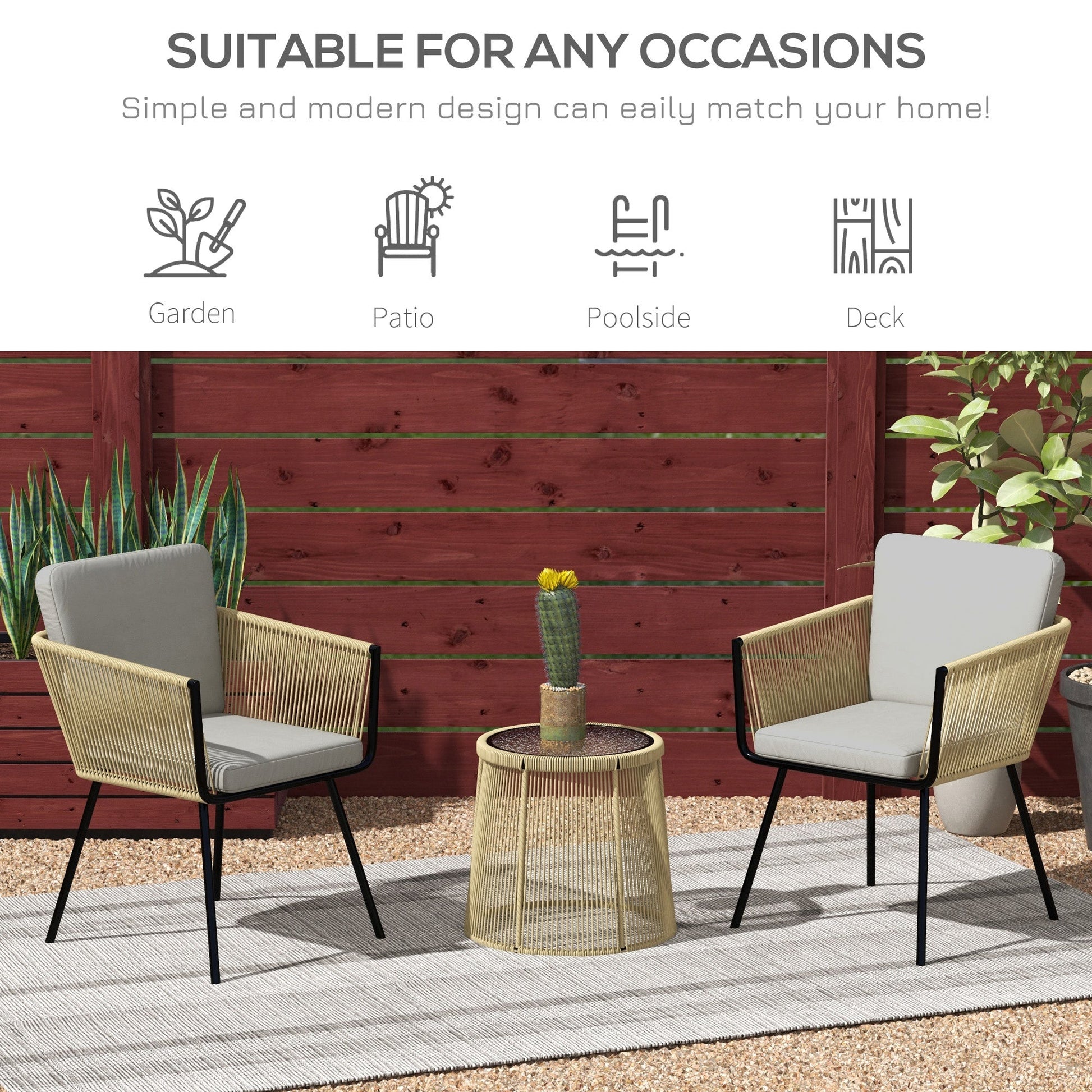3 Pieces Wicker Patio Furniture Set, Rattan Bistro Set with Coffee Table and Cushions, Outdoor Conversation Set for Garden, Porch, Balcony, Coffee and Light Grey
