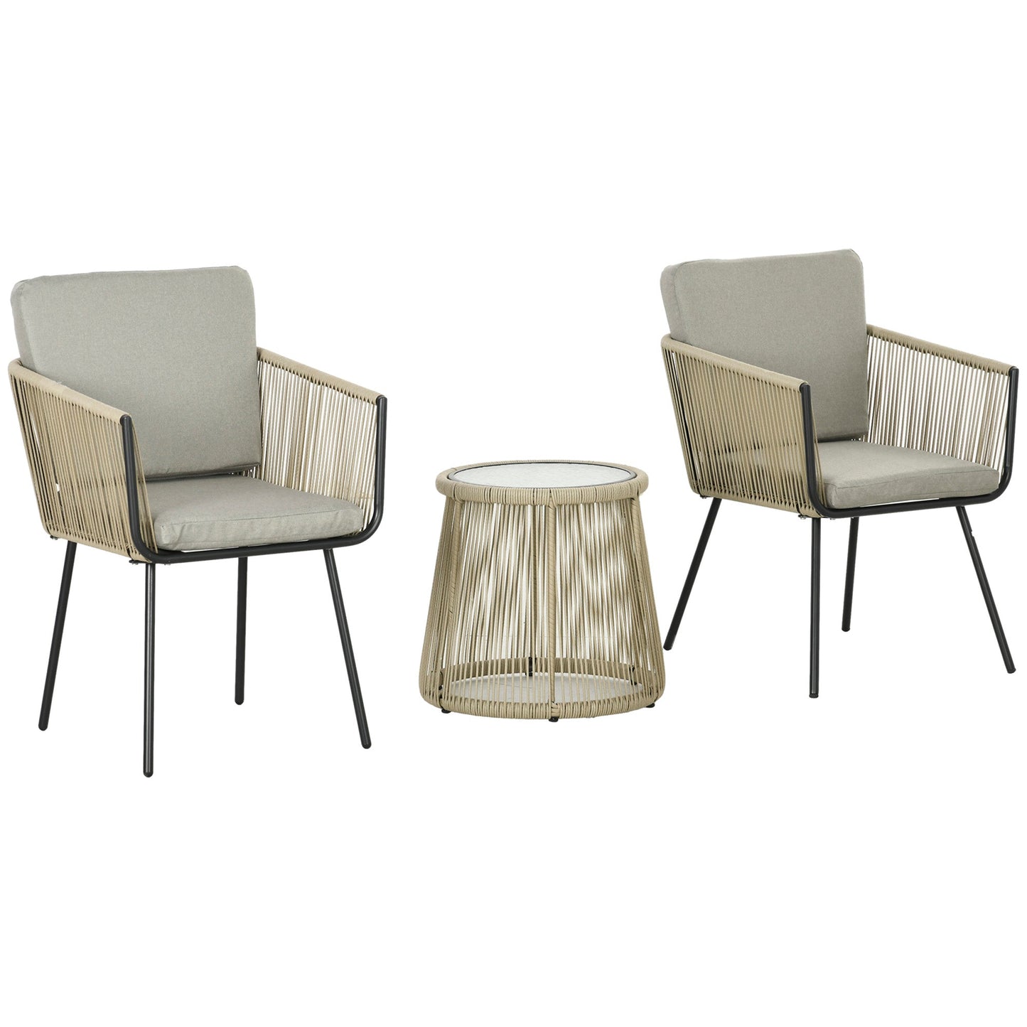 3 Pieces Wicker Patio Furniture Set, Rattan Bistro Set with Coffee Table and Cushions, Outdoor Conversation Set for Garden, Porch, Balcony, Coffee and Light Grey
