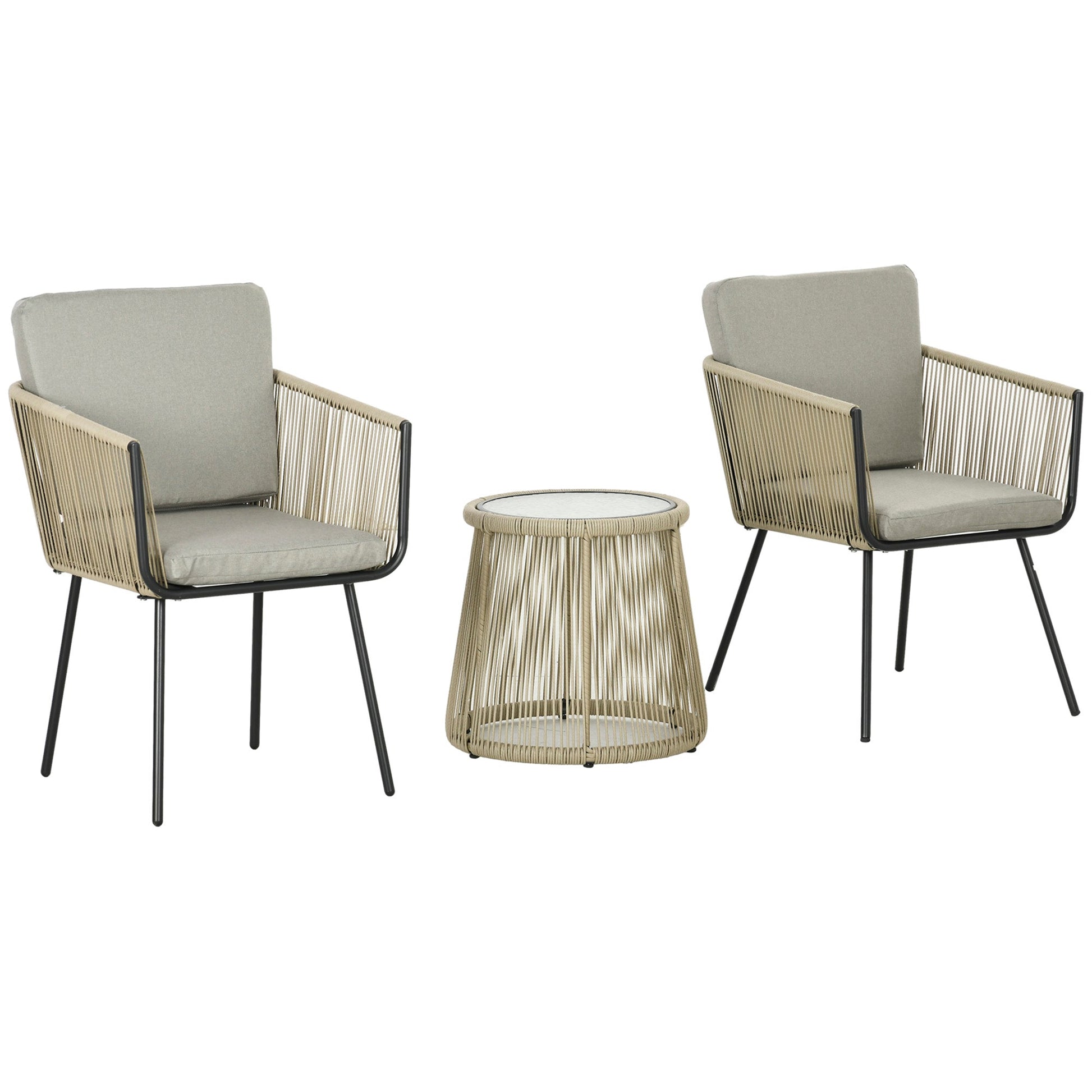 3 Pieces Wicker Patio Furniture Set, Rattan Bistro Set with Coffee Table and Cushions, Outdoor Conversation Set for Garden, Porch, Balcony, Coffee and Light Grey