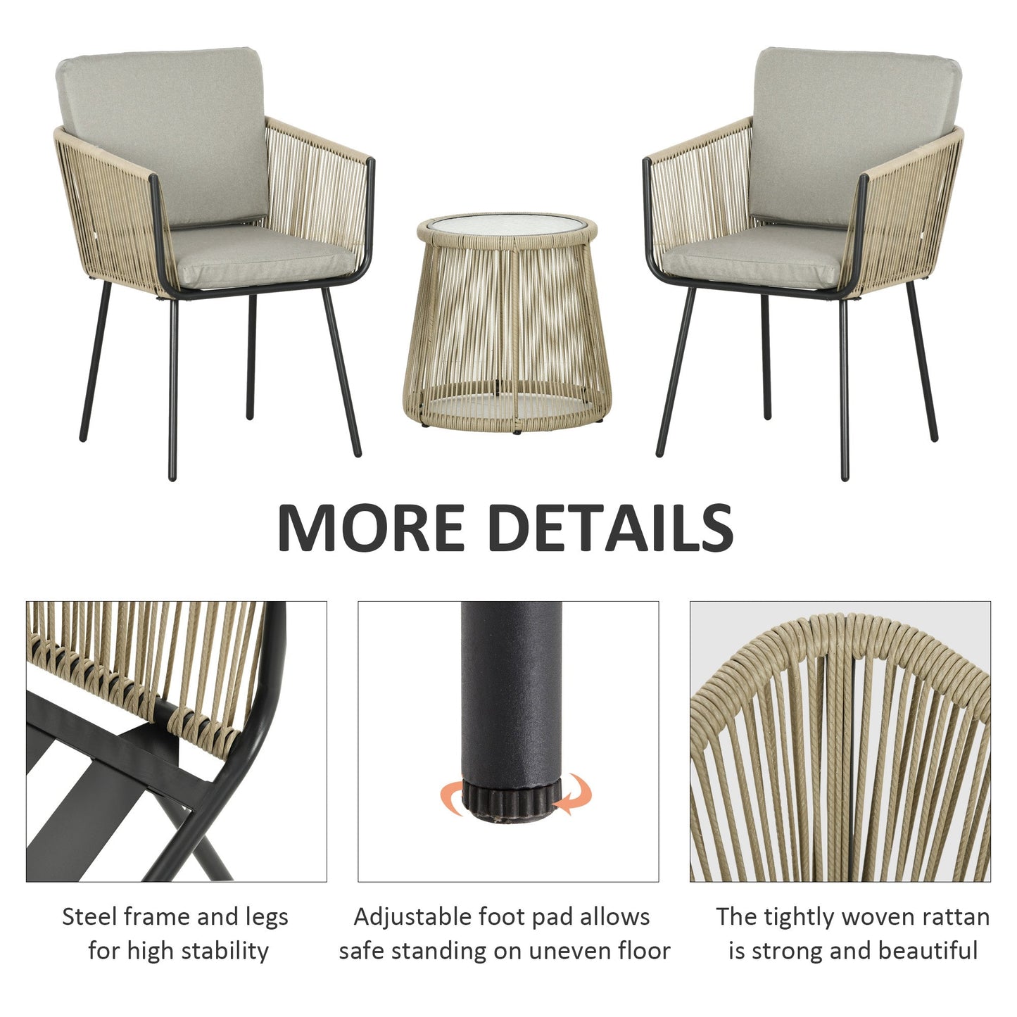 3 Pieces Wicker Patio Furniture Set, Rattan Bistro Set with Coffee Table and Cushions, Outdoor Conversation Set for Garden, Porch, Balcony, Coffee and Light Grey