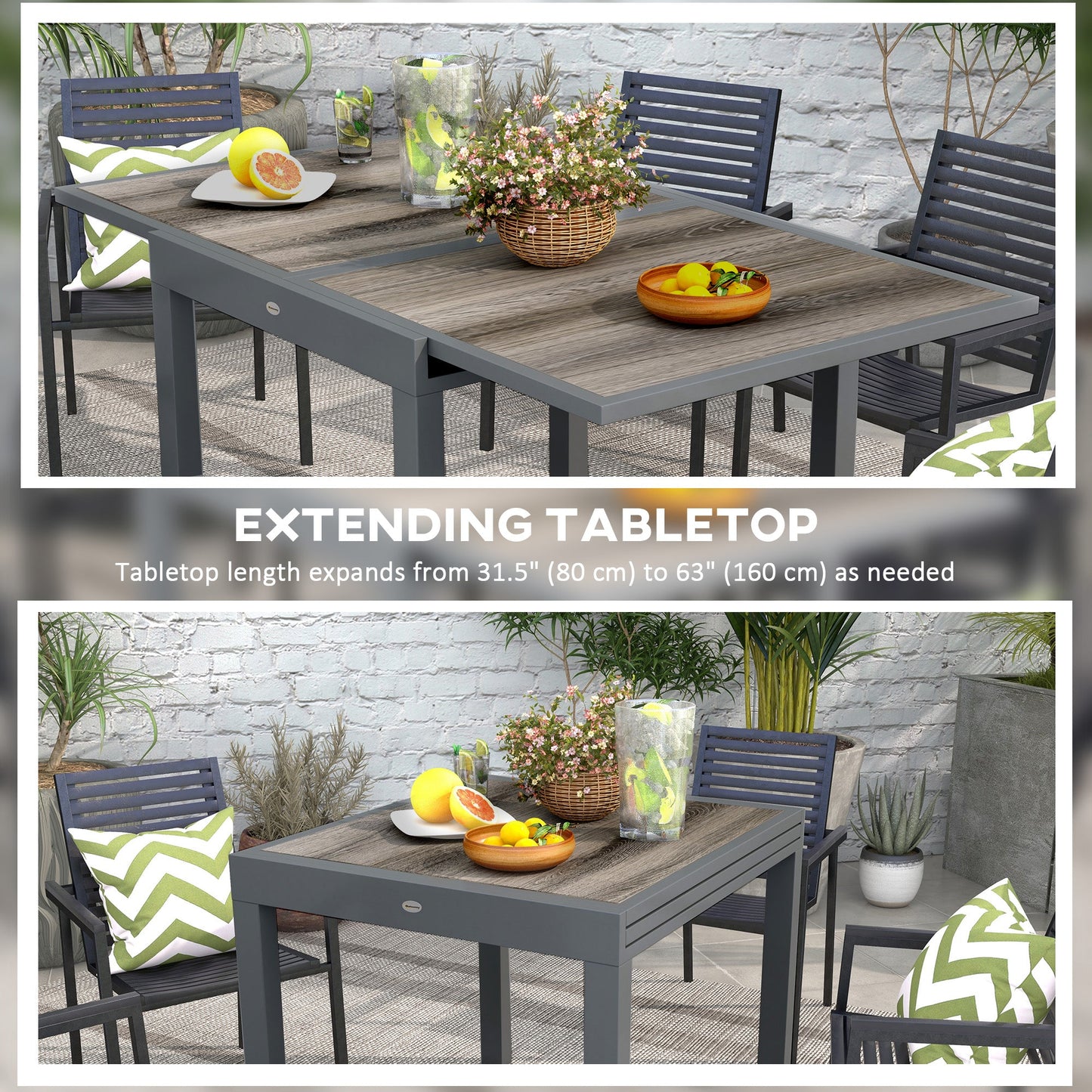 Extendable Outdoor Dining Table, Aluminum Garden Table, Rectangular Patio Table with Plastic Board Tabletop for Balcony, Lawn, Grey
