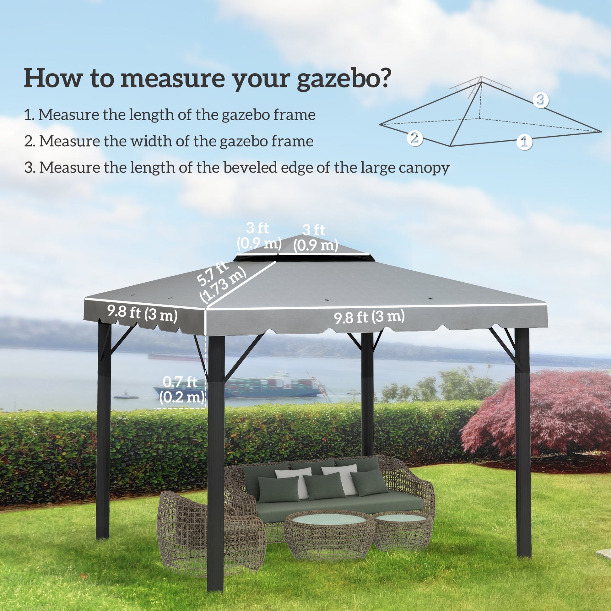 9.8' x 9.8' Gazebo Replacement Canopy, Gazebo Top Cover with Double Vented Roof for Garden Patio Outdoor TOP ONLY, Grey