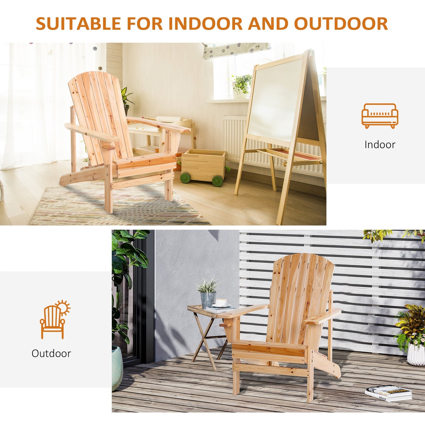 Classic Adirondack Chair Muskoka Chair, Garden Deck Chair with Cup Holder for Patio, Indoor, Backyard, Natural