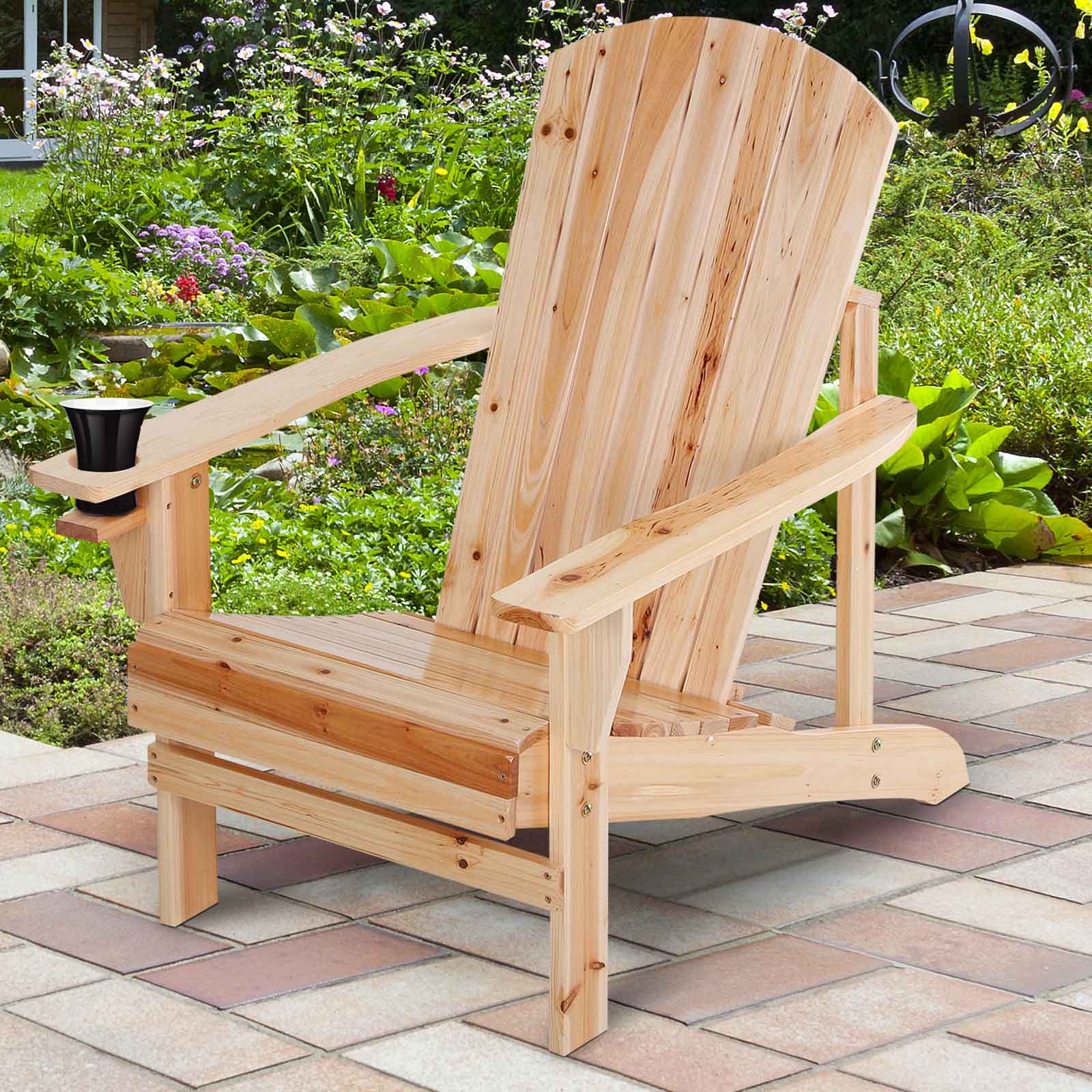 Classic Adirondack Chair Muskoka Chair, Garden Deck Chair with Cup Holder for Patio, Indoor, Backyard, Natural