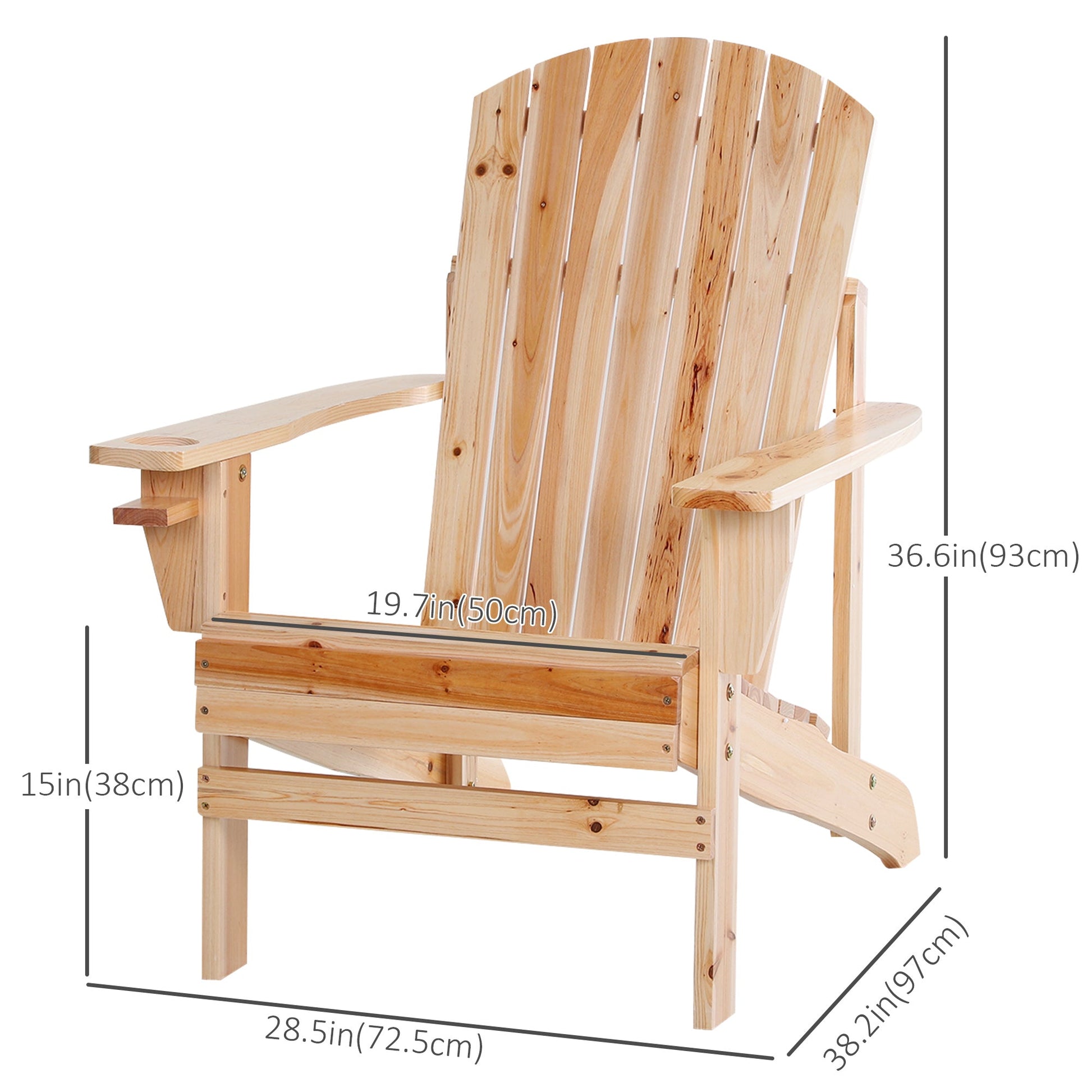 Classic Adirondack Chair Muskoka Chair, Garden Deck Chair with Cup Holder for Patio, Indoor, Backyard, Natural