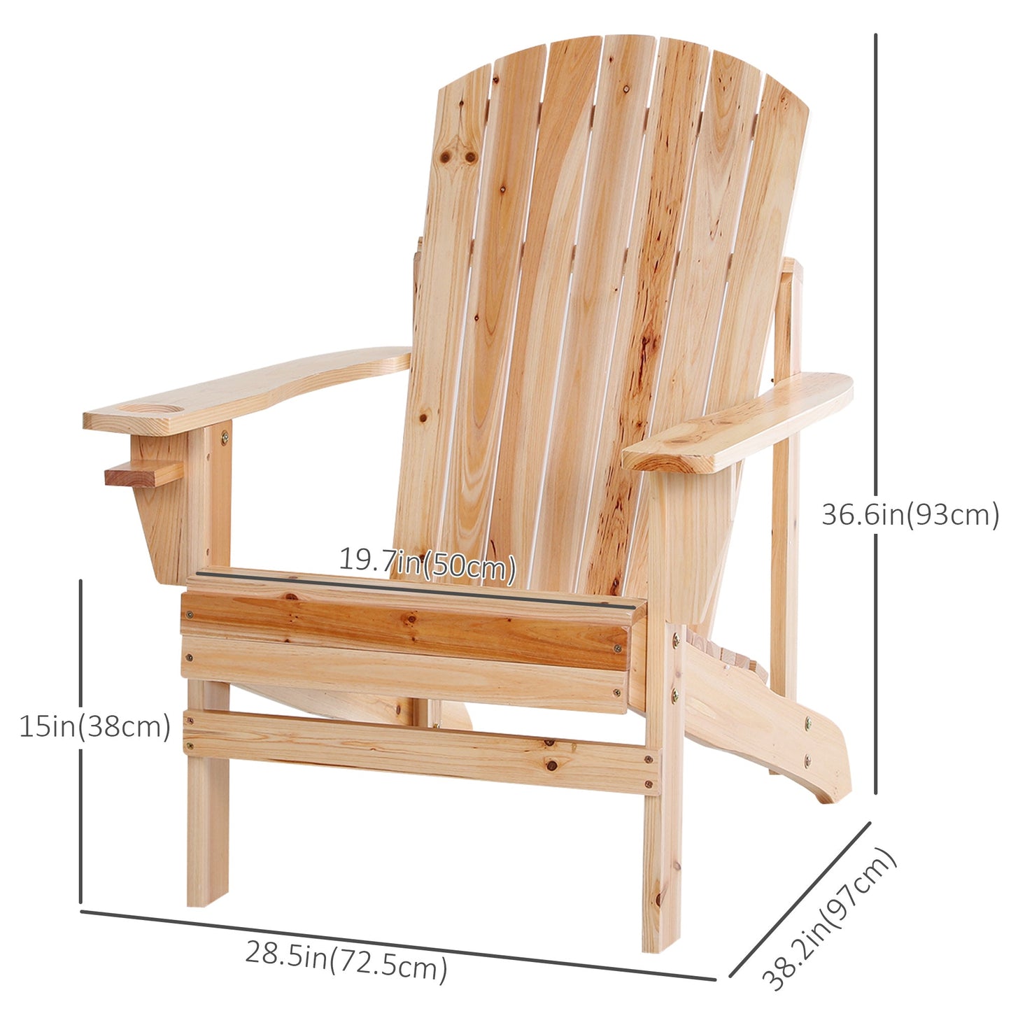 Classic Adirondack Chair Muskoka Chair, Garden Deck Chair with Cup Holder for Patio, Indoor, Backyard, Natural