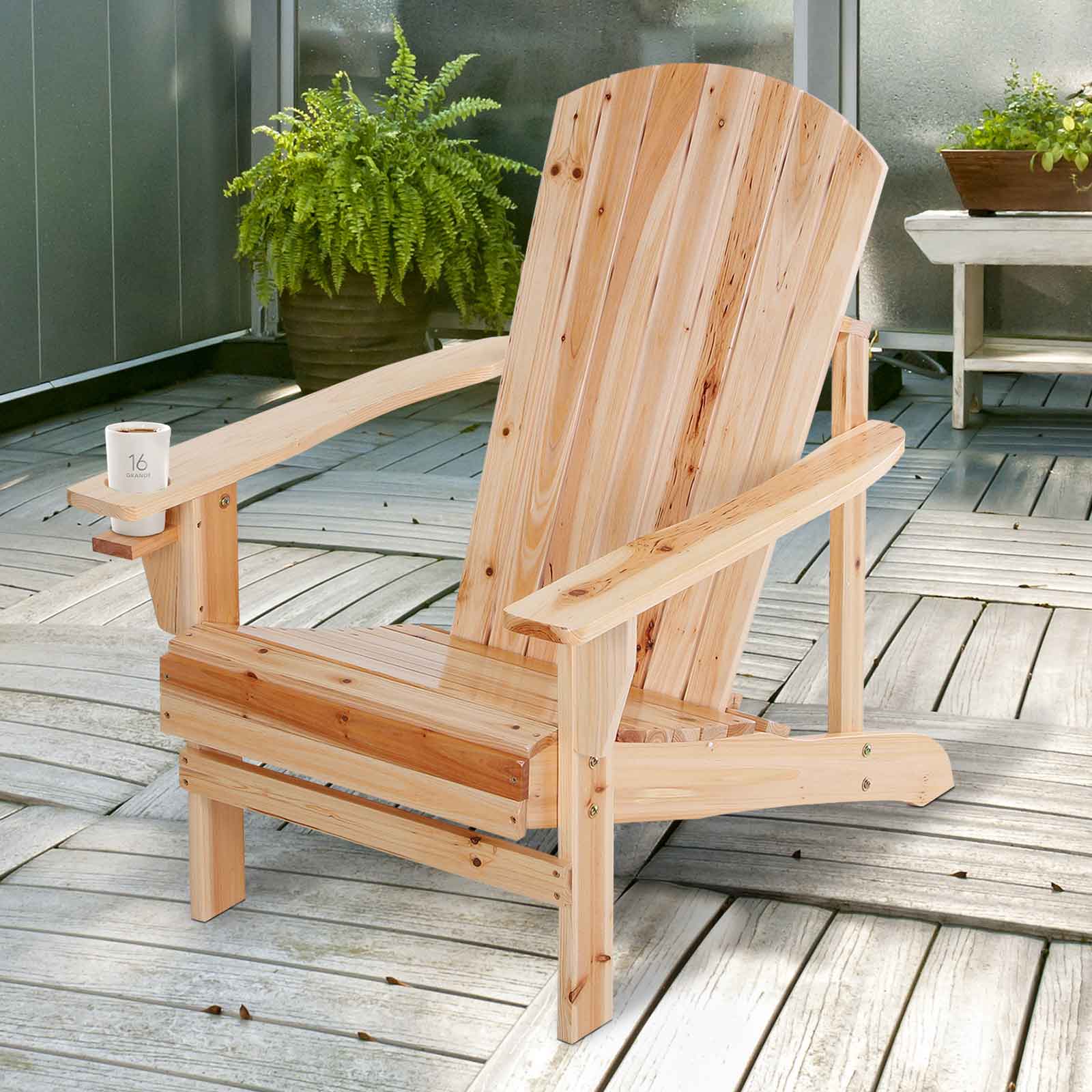Classic Adirondack Chair Muskoka Chair, Garden Deck Chair with Cup Holder for Patio, Indoor, Backyard, Natural