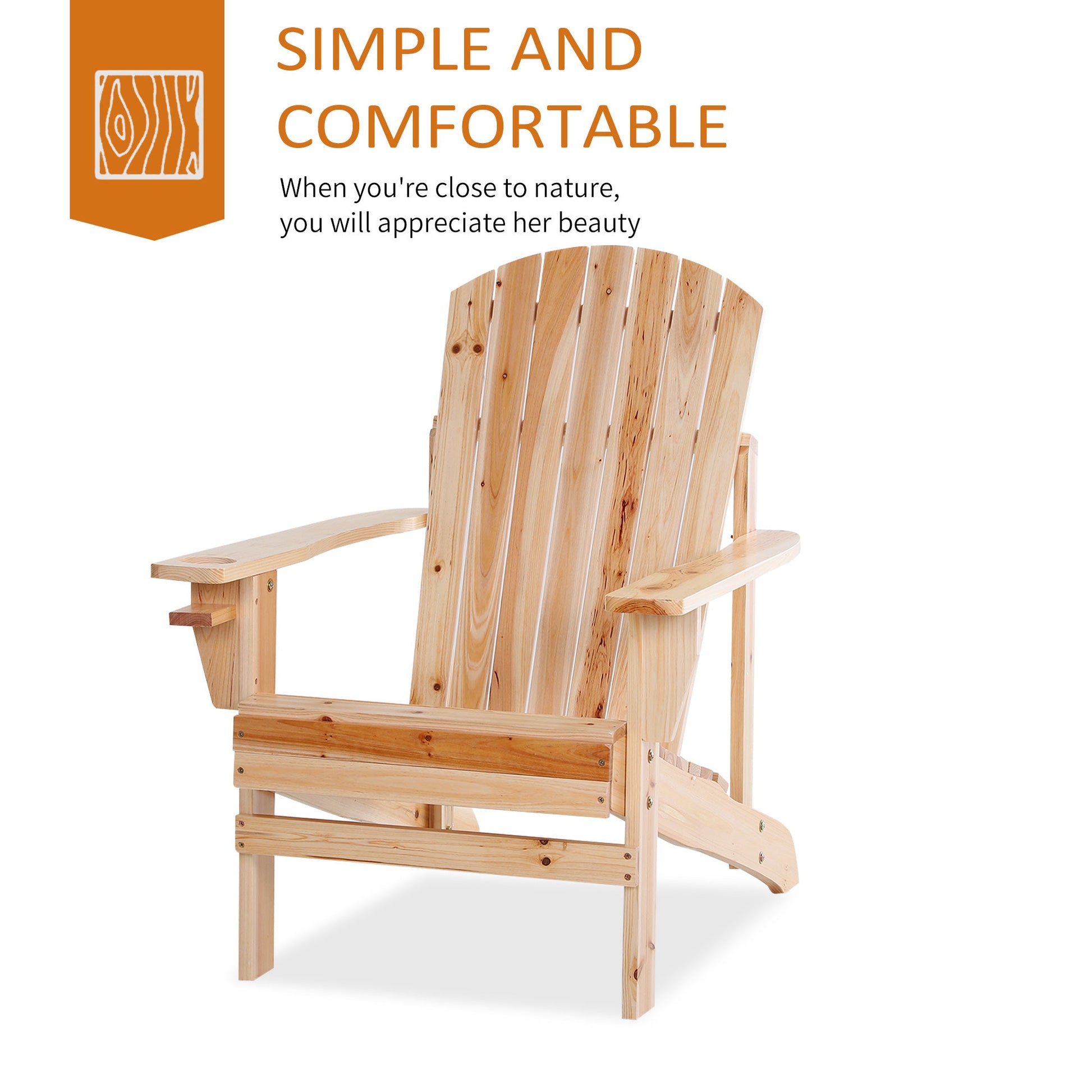 Classic Adirondack Chair Muskoka Chair, Garden Deck Chair with Cup Holder for Patio, Indoor, Backyard, Natural