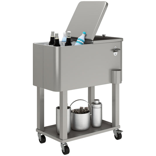 60 Quart Rolling Patio Cooler Cart, Portable Outdoor Cooler with Locking Wheels, Storage Shelf, Steel Bottle Opener, Ice Chest for Patio Backyard Party BBQ, Silver