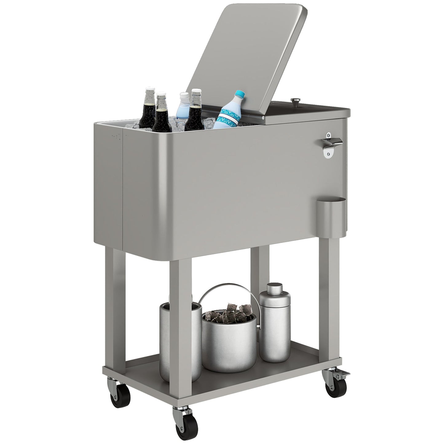 60 Quart Rolling Patio Cooler Cart, Portable Outdoor Cooler with Locking Wheels, Storage Shelf, Steel Bottle Opener, Ice Chest for Patio Backyard Party BBQ, Silver