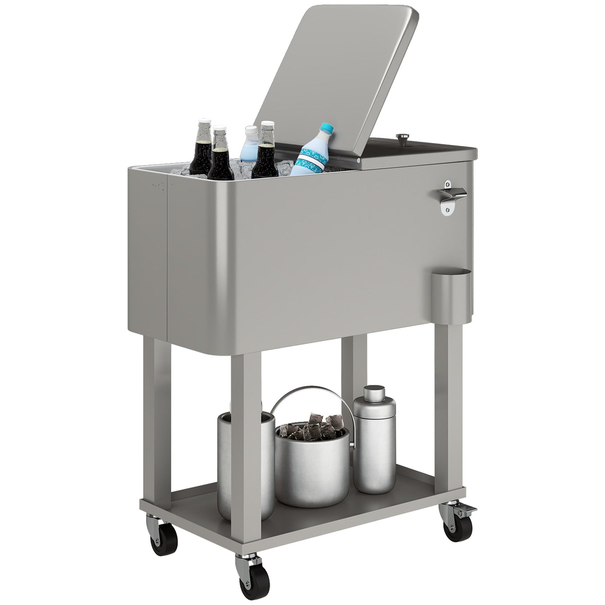 60 Quart Rolling Patio Cooler Cart, Portable Outdoor Cooler with Locking Wheels, Storage Shelf, Steel Bottle Opener, Ice Chest for Patio Backyard Party BBQ, Silver