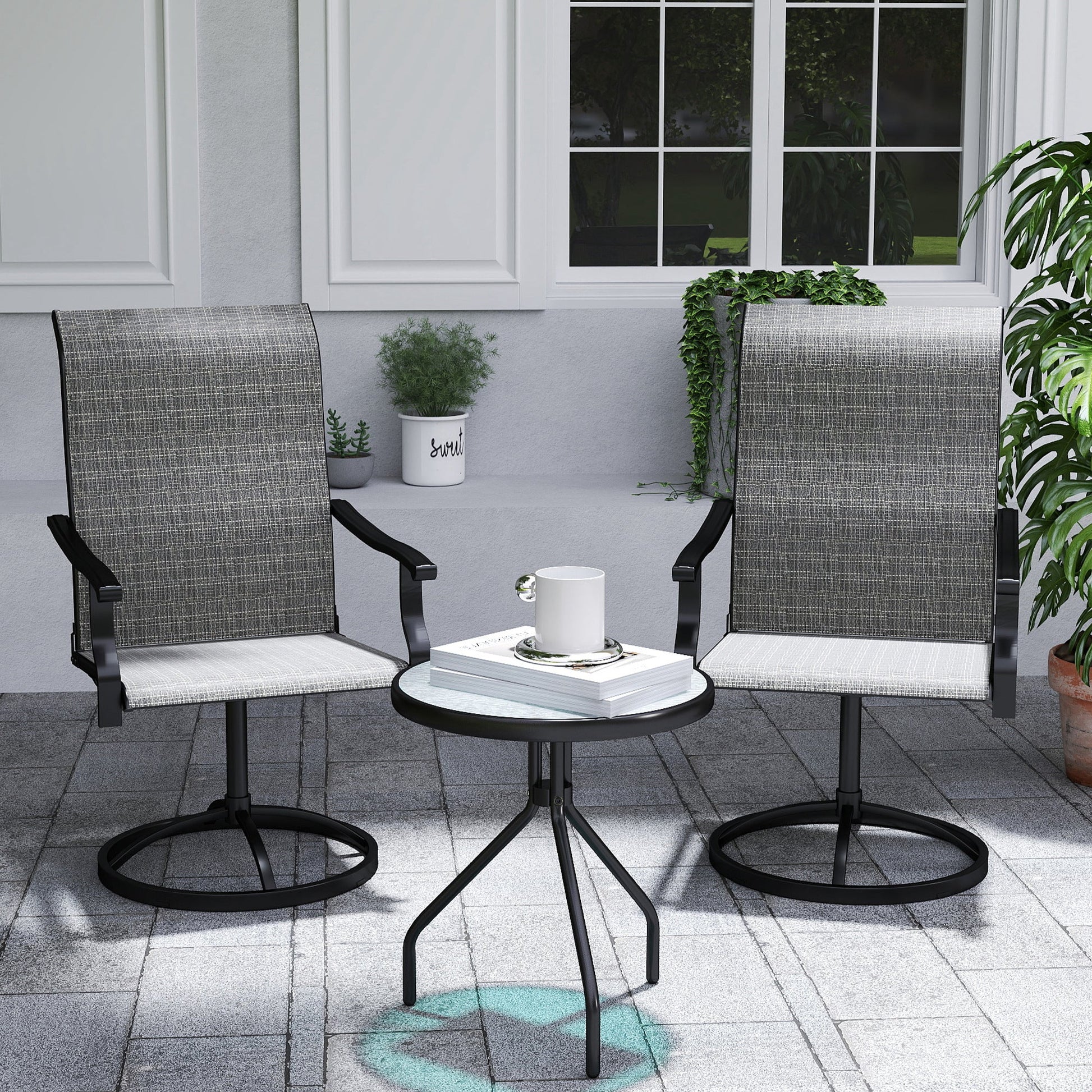 Patio Swivel Dining Chairs Set of 2, High Back Outdoor Chairs with All Weather Mesh Fabric and Metal Frame for Deck, Garden, Backyard, Poolside, Grey