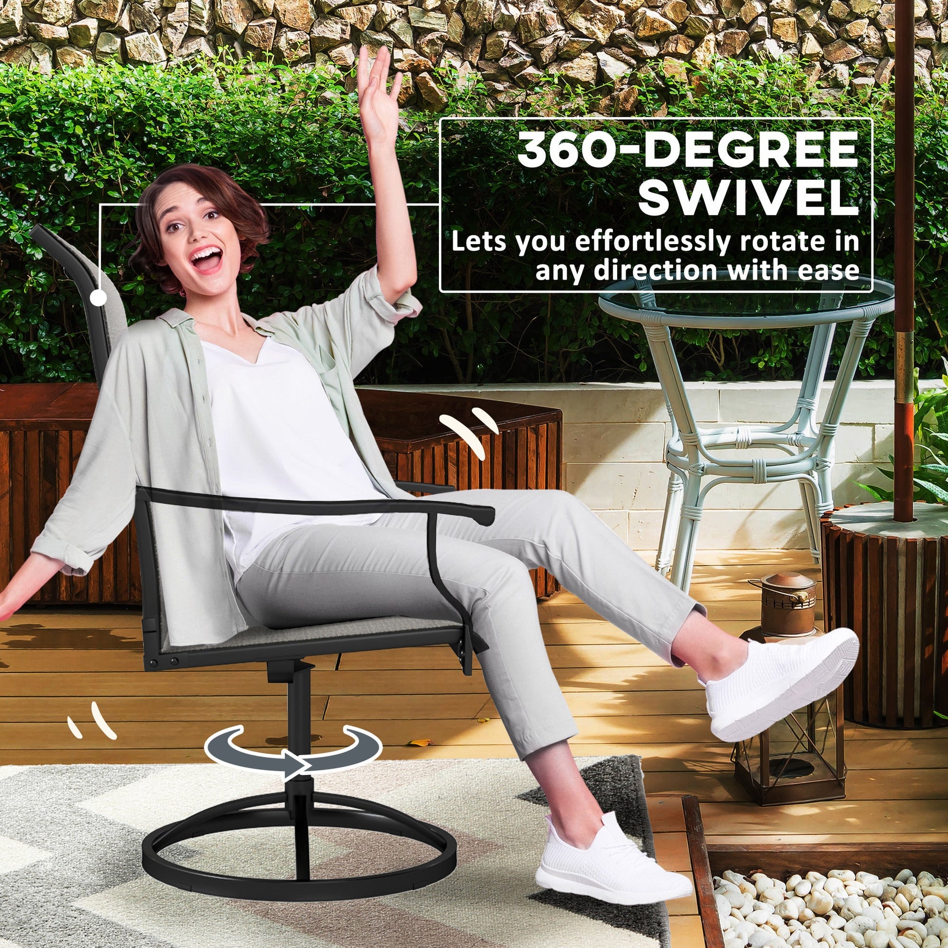 Patio Swivel Dining Chairs Set of 2, High Back Outdoor Chairs with All Weather Mesh Fabric and Metal Frame for Deck, Garden, Backyard, Poolside, Grey