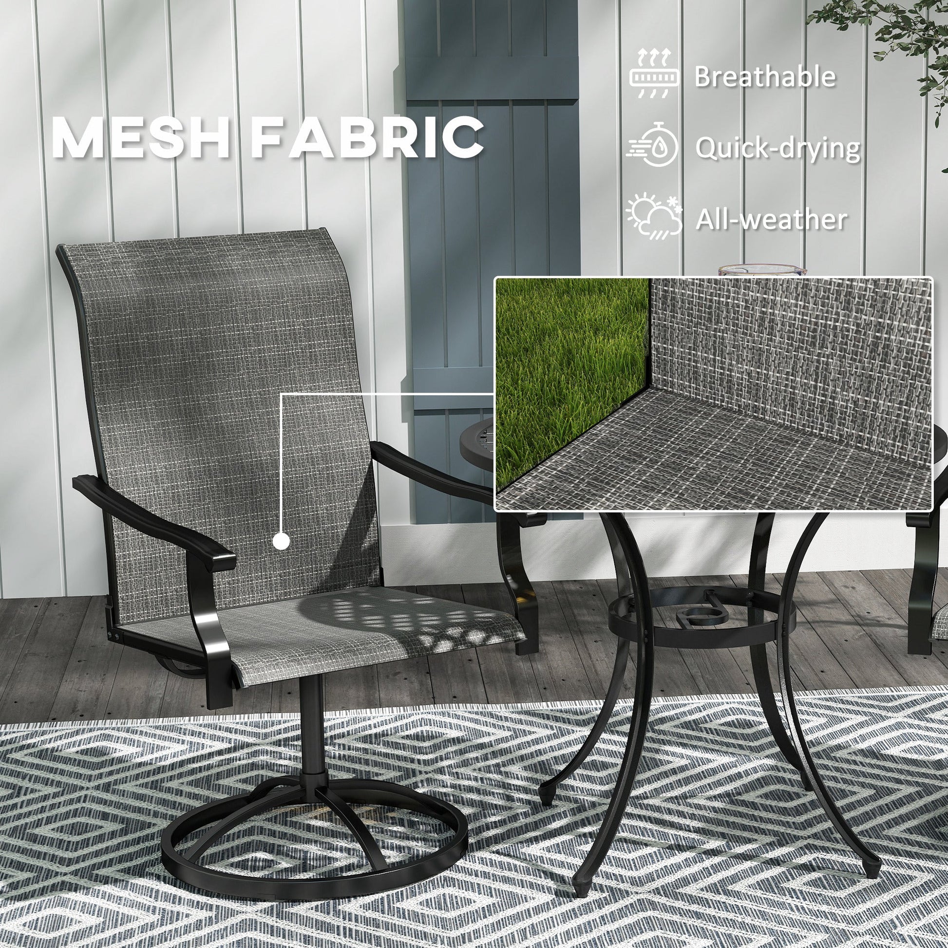 Patio Swivel Dining Chairs Set of 2, High Back Outdoor Chairs with All Weather Mesh Fabric and Metal Frame for Deck, Garden, Backyard, Poolside, Grey