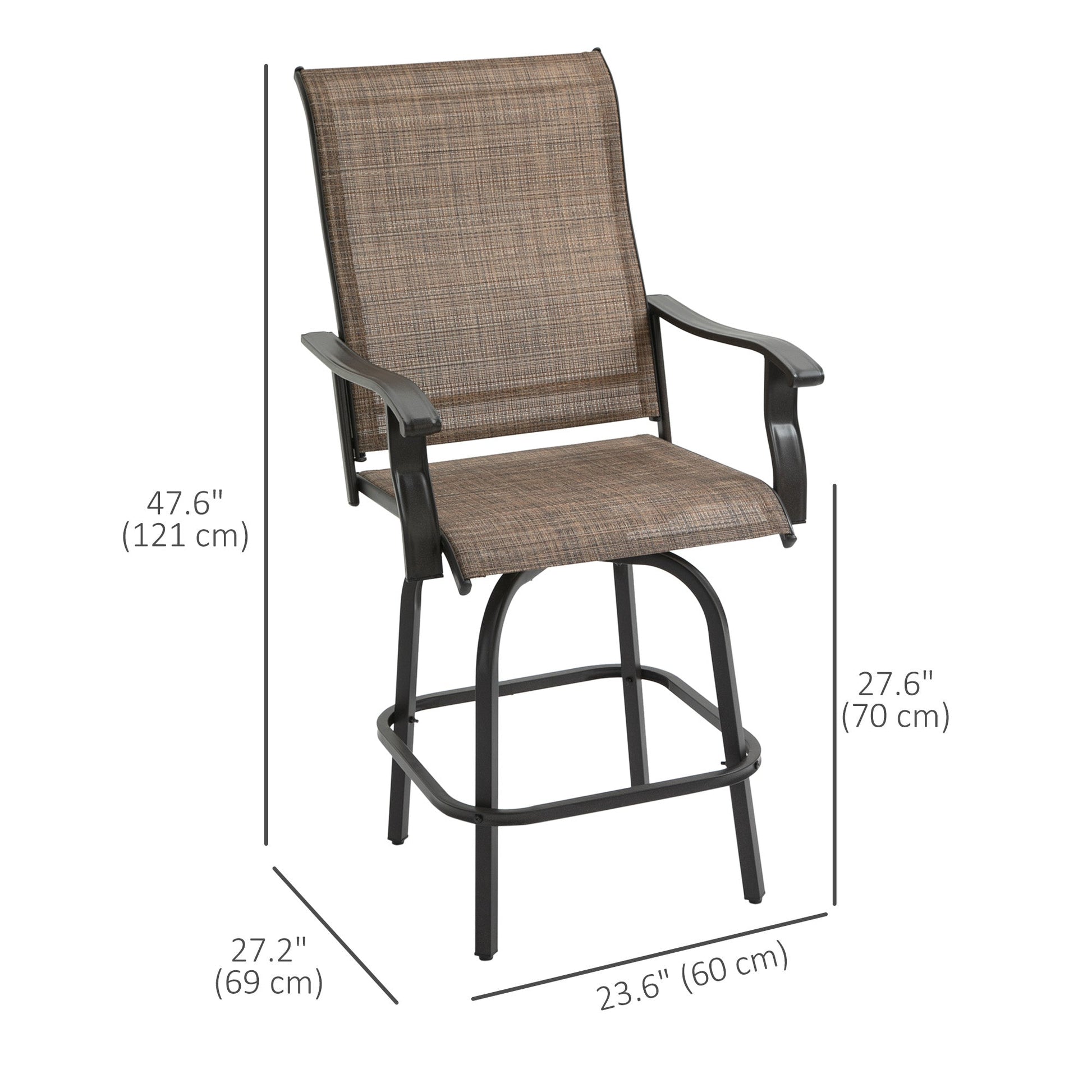 Outdoor Swivel Bar Stools Set of 2, 2 Piece Bar Height Patio Chairs with High Back, Curved Armrests and Steel Frame for Balcony, Poolside, Backyard, Brown