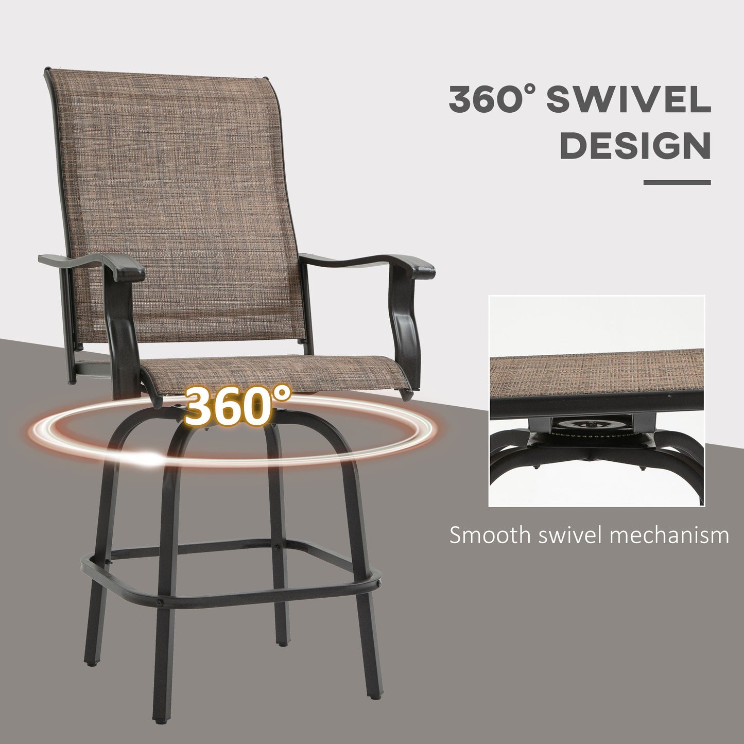 Outdoor Swivel Bar Stools Set of 2, 2 Piece Bar Height Patio Chairs with High Back, Curved Armrests and Steel Frame for Balcony, Poolside, Backyard, Brown