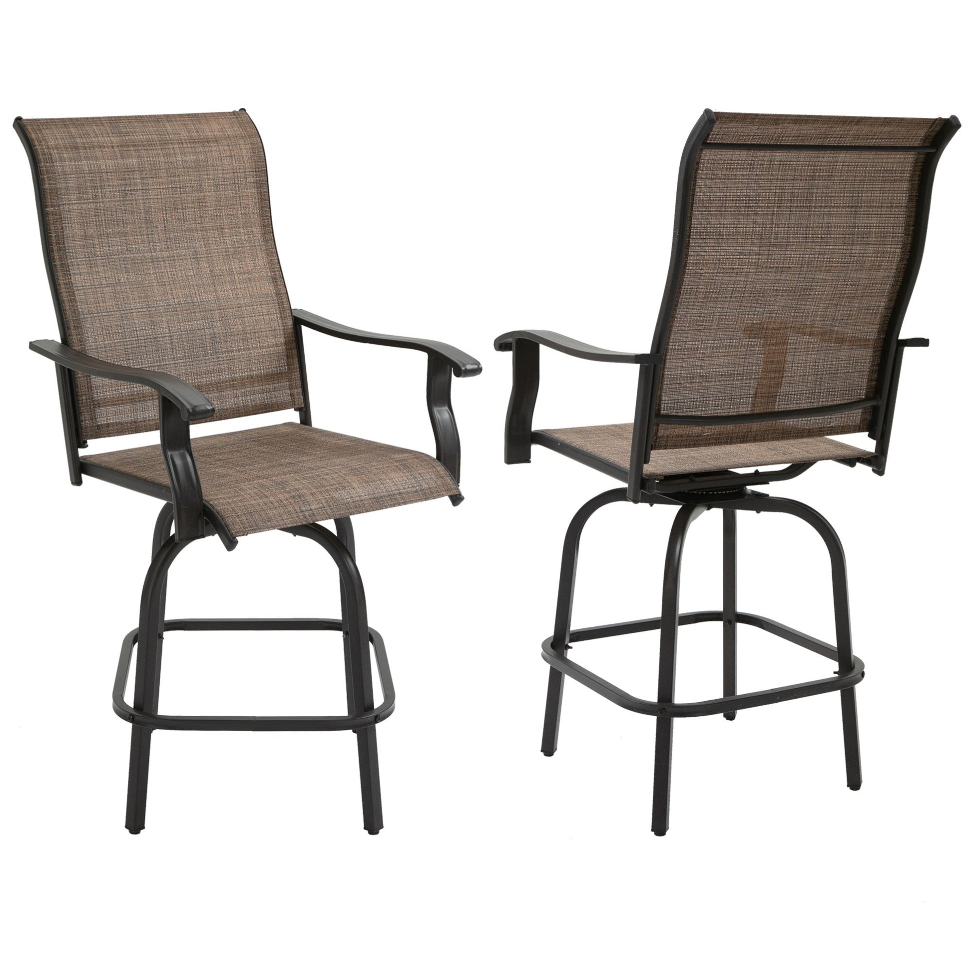 Outdoor Swivel Bar Stools Set of 2, 2 Piece Bar Height Patio Chairs with High Back, Curved Armrests and Steel Frame for Balcony, Poolside, Backyard, Brown