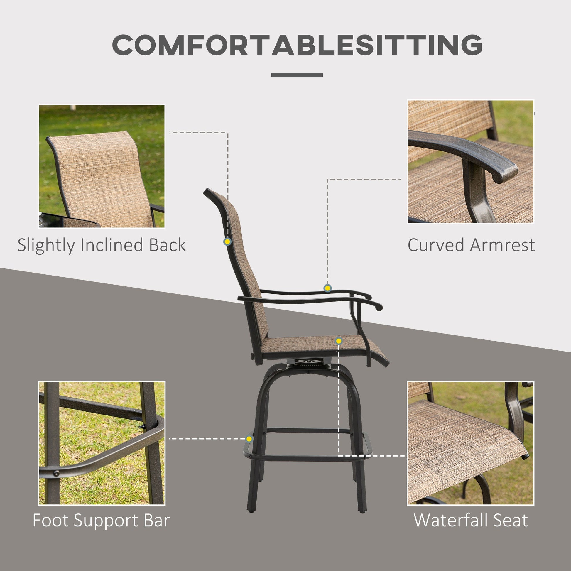 Outdoor Swivel Bar Stools Set of 2, 2 Piece Bar Height Patio Chairs with High Back, Curved Armrests and Steel Frame for Balcony, Poolside, Backyard, Brown