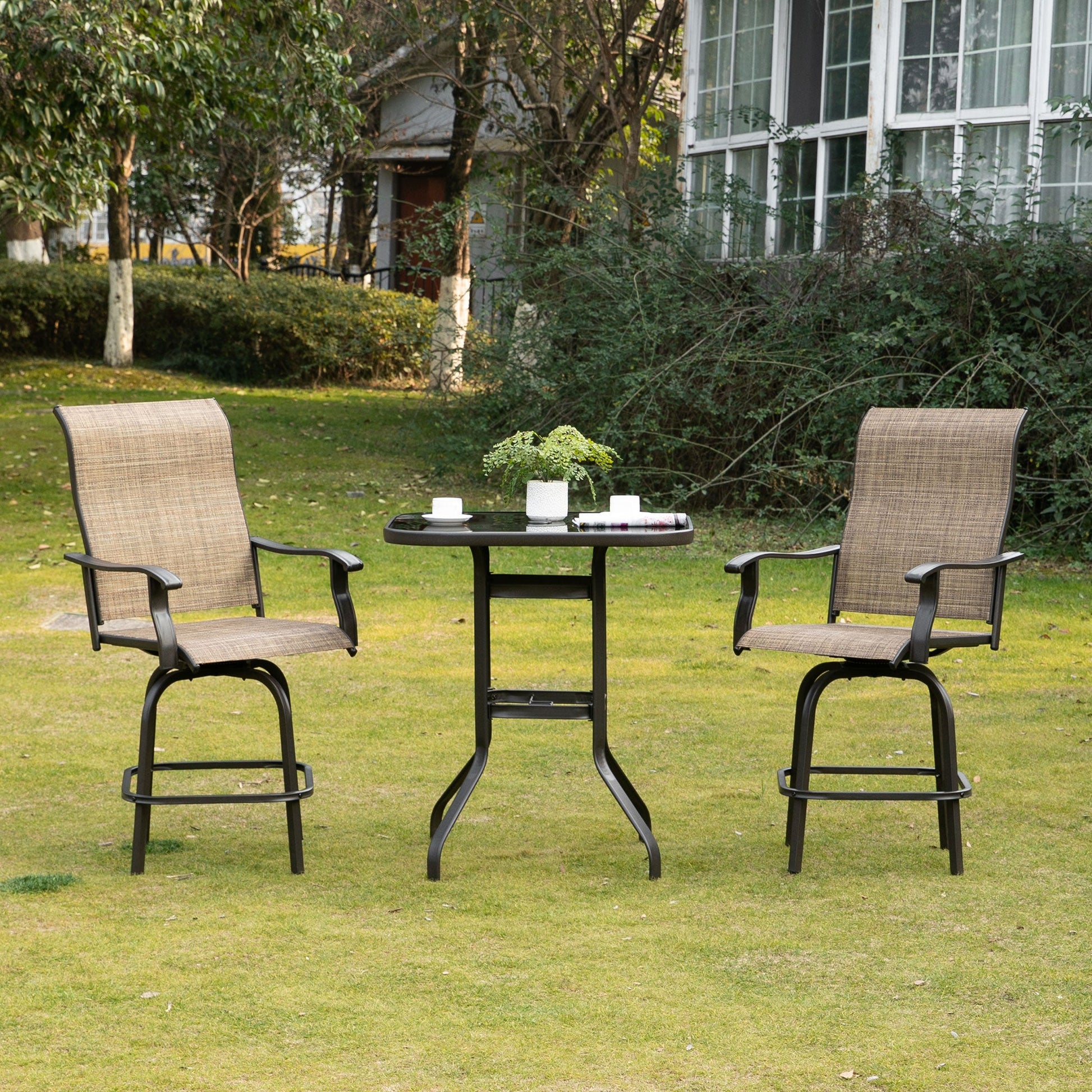 Outdoor Swivel Bar Stools Set of 2, 2 Piece Bar Height Patio Chairs with High Back, Curved Armrests and Steel Frame for Balcony, Poolside, Backyard, Brown