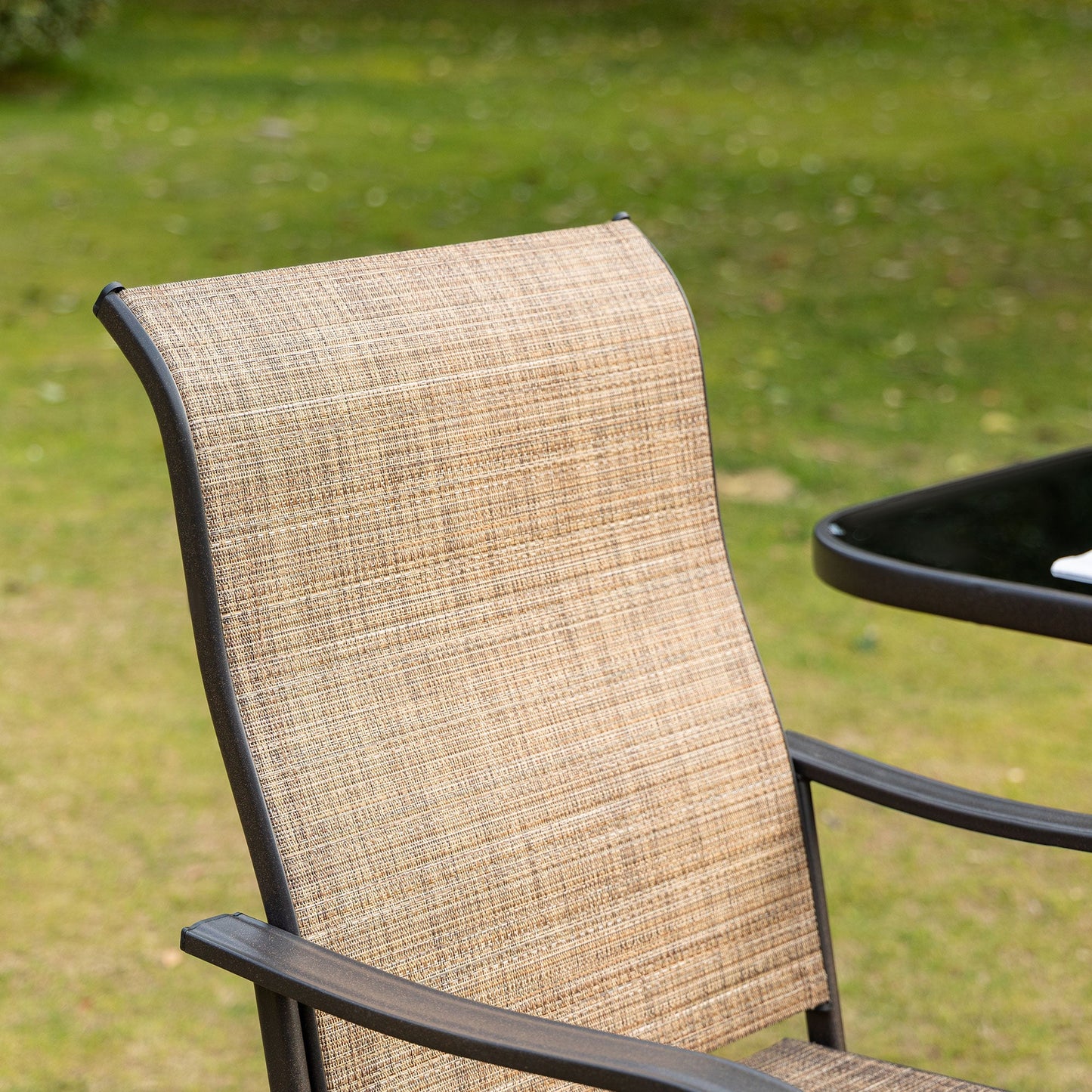 Outdoor Swivel Bar Stools Set of 2, 2 Piece Bar Height Patio Chairs with High Back, Curved Armrests and Steel Frame for Balcony, Poolside, Backyard, Brown